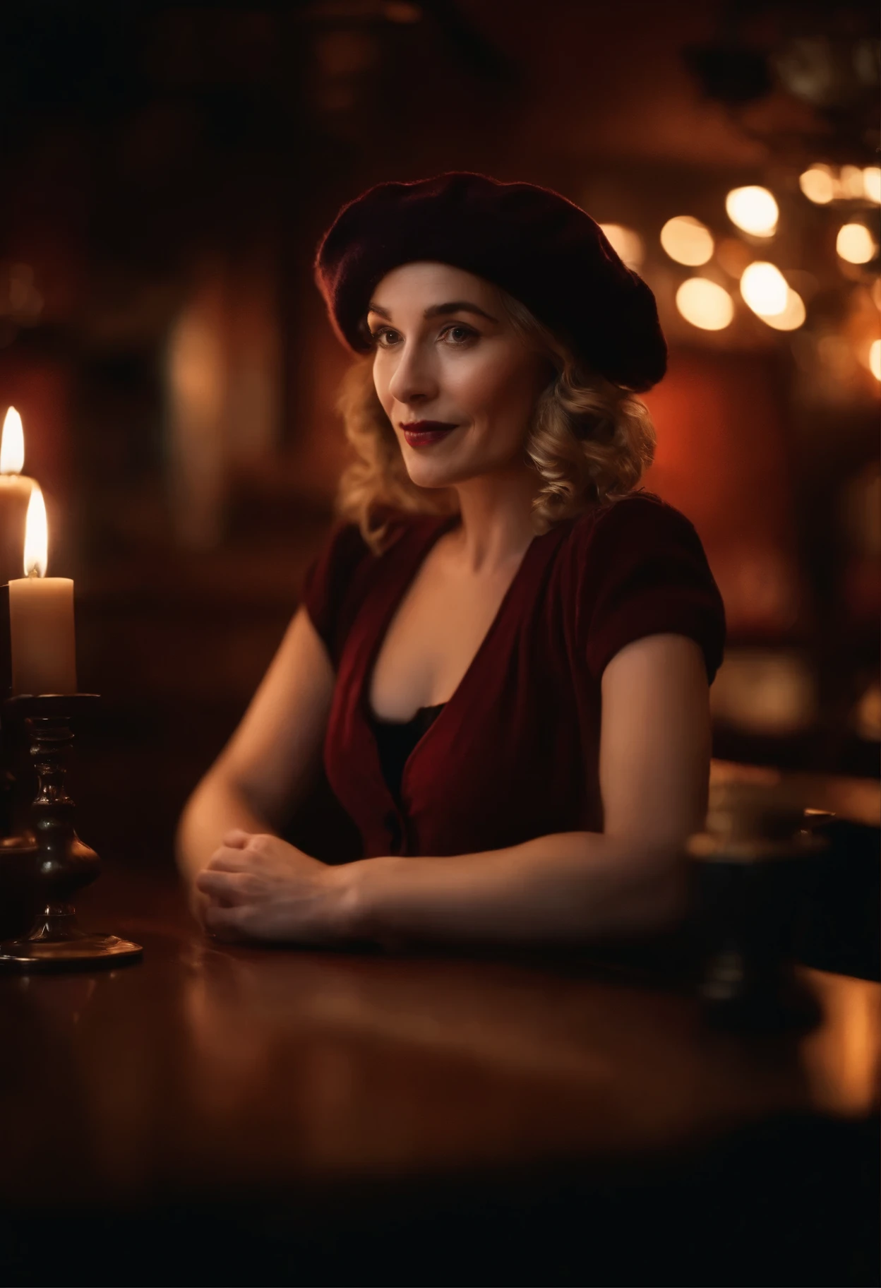 (best quality,highres),portrait,detailed depiction,beautiful French woman,with a tam hat,darkly lit tavern,moody atmosphere,crimson lighting,reflections on wooden surfaces,vibrant colors,subtle shadows. In France