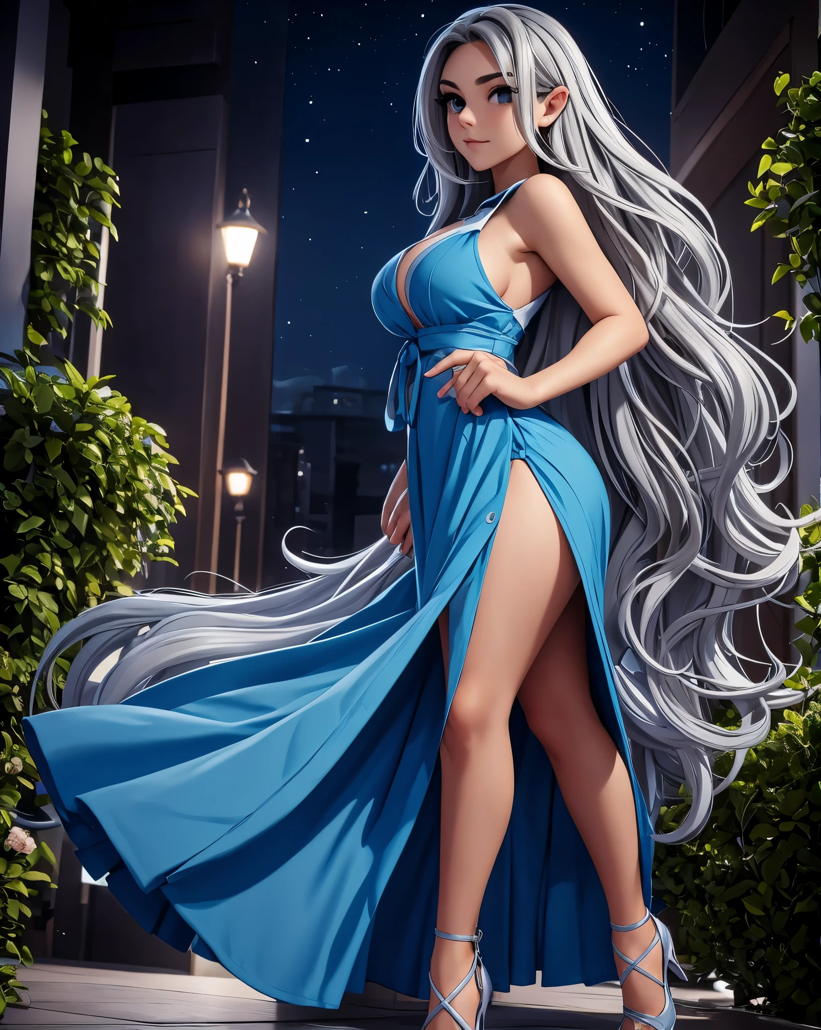 Just a tall girl with wavy silver hair that cascades to the middle of her back.. brown eyes. Slim and athletic build. She wears a long party elegant blue dress and silver elegant shoes. Big boobs, big ass. Full body image. she is standing in a garden at night