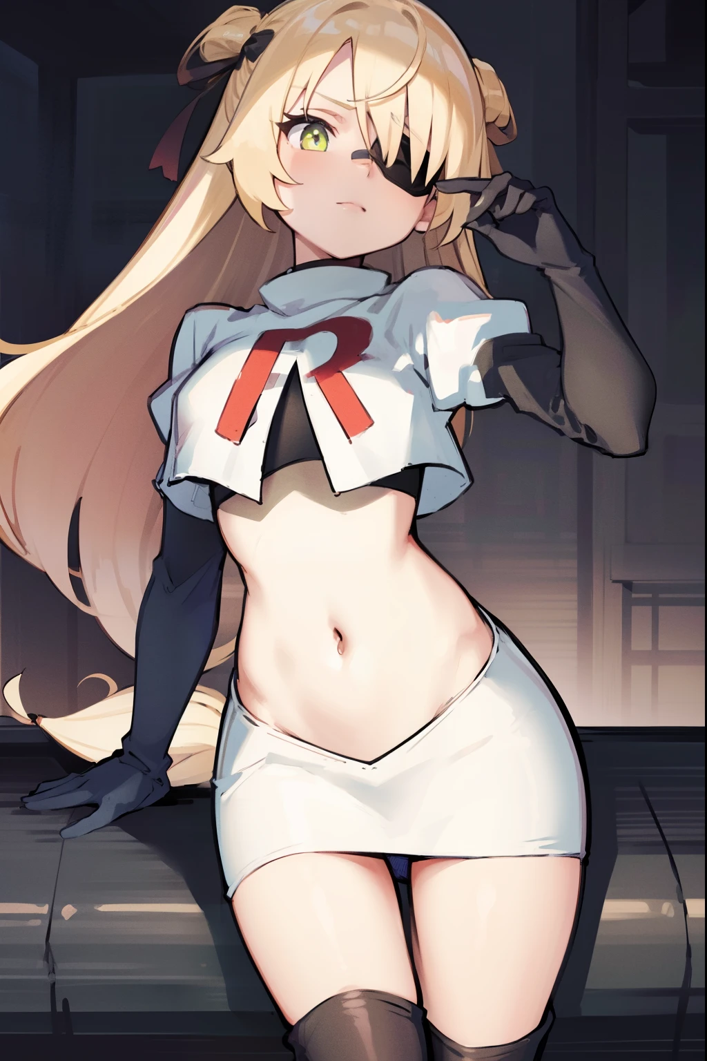 absurdres, fischl (dunkelnacht sakrament) (genshin impact), green eyes, (white pupils:1.2), fischl (genshin impact), medium_breasts, blonde hair, eyepatch, long hair, hair over one eye, bangs, hair ribbon, small breasts, 1girl, team rocket,team rocket uniform,white skirt,red letter R,crop top,black thigh-high boots,black elbow gloves,