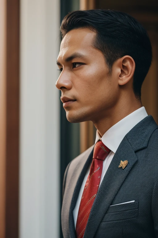 balinese boy, wearing black suit, white shirt, red tie, calling someone, spy mission, high res, ultrasharp, 8K, masterpiece