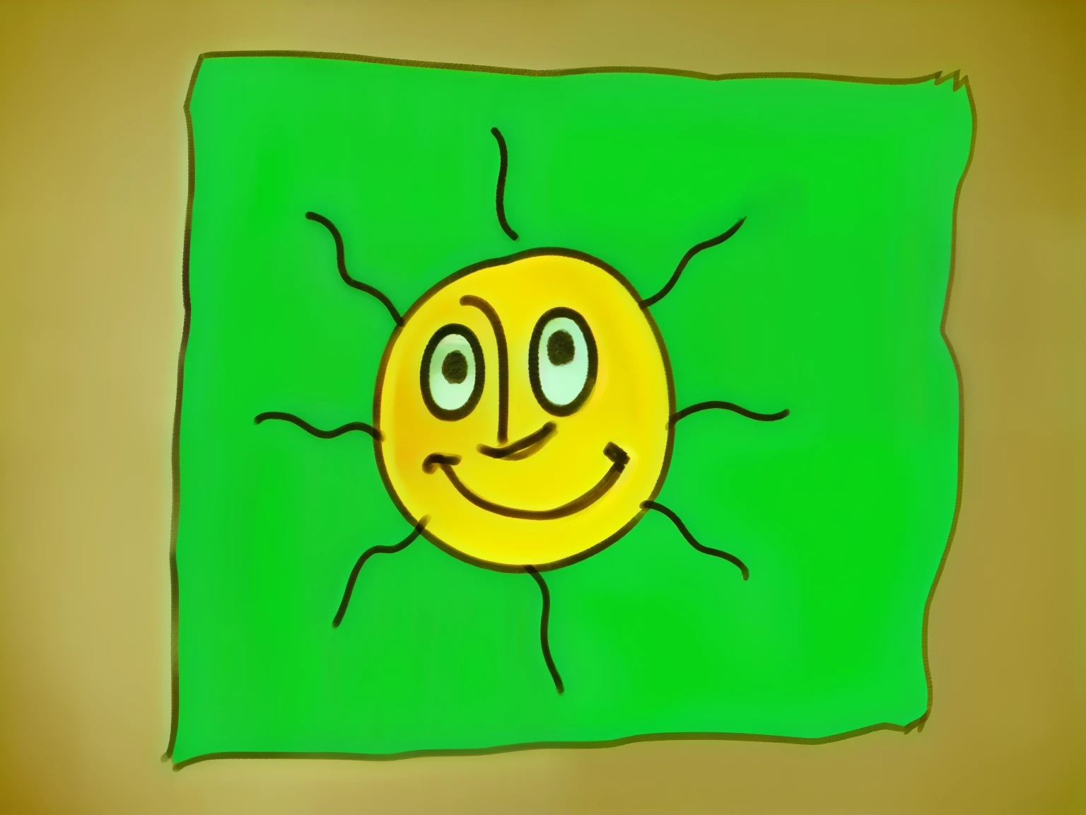 arafed drawing of a rosto sorridente on a green background, on the right - kinda happy guy, Feliz dia ensolarado, based on child's drawing, mal desenhado, cara feliz, rosto sorridente, em um amarelo , desenhado em tinta microsoft, sorridente feliz, rosto amarelo brilhante, rosto sorridente, animation still, cara verde, desenho infantil, muito feliz!, smiley, 8k, 8k, Realistic --auto