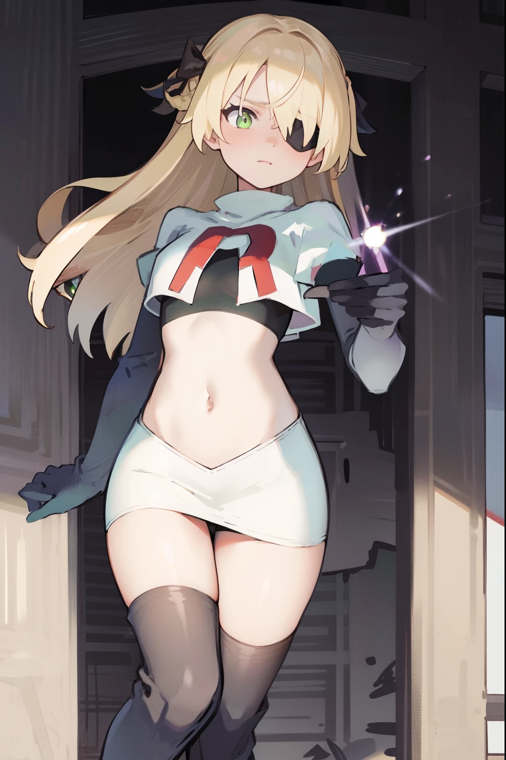 absurdres, fischl (dunkelnacht sakrament) (genshin impact), green eyes, (white pupils:1.2), fischl (genshin impact), medium_breasts, blonde hair, eyepatch, long hair, hair over one eye, bangs, hair ribbon, small breasts, 1girl, team rocket,team rocket uniform,white skirt,red letter R,crop top,black thigh-high boots,black elbow gloves,