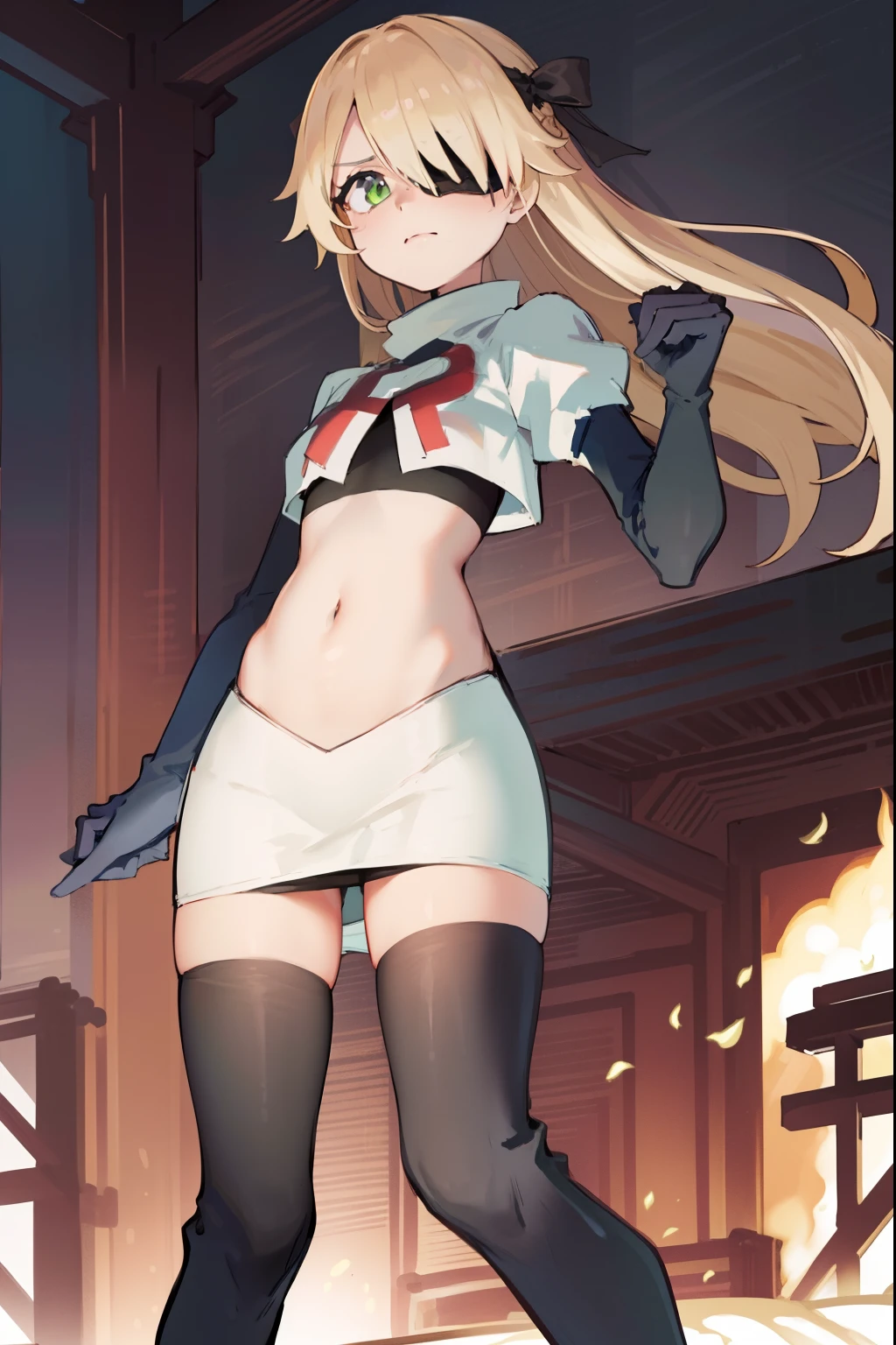 absurdres, fischl (dunkelnacht sakrament) (genshin impact), green eyes, (white pupils:1.2), fischl (genshin impact), medium_breasts, blonde hair, eyepatch, long hair, hair over one eye, bangs, hair ribbon, small breasts, 1girl, team rocket,team rocket uniform,white skirt,red letter R,crop top,black thigh-high boots,black elbow gloves,
