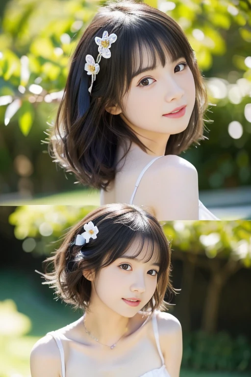 (((masterpiece))), (((Full body photo))), (One beautiful Japan girl, classmates, landscape and innocence,kawaii) ,超A high resolution, Realistic, ultra-detailliert, 8K,top-quality, Extremely detailed, Detailed background,A slender,very beautiful japanese girl, Detailed face:1.3), (Bery short hair,Cute Hair Ornament,A dark-haired :1.4), (a baby face,kawaii系,adorable girl), (Perfect body:1.1),Skin exposed, Chest, , No clothes, Defined curve, Delicate