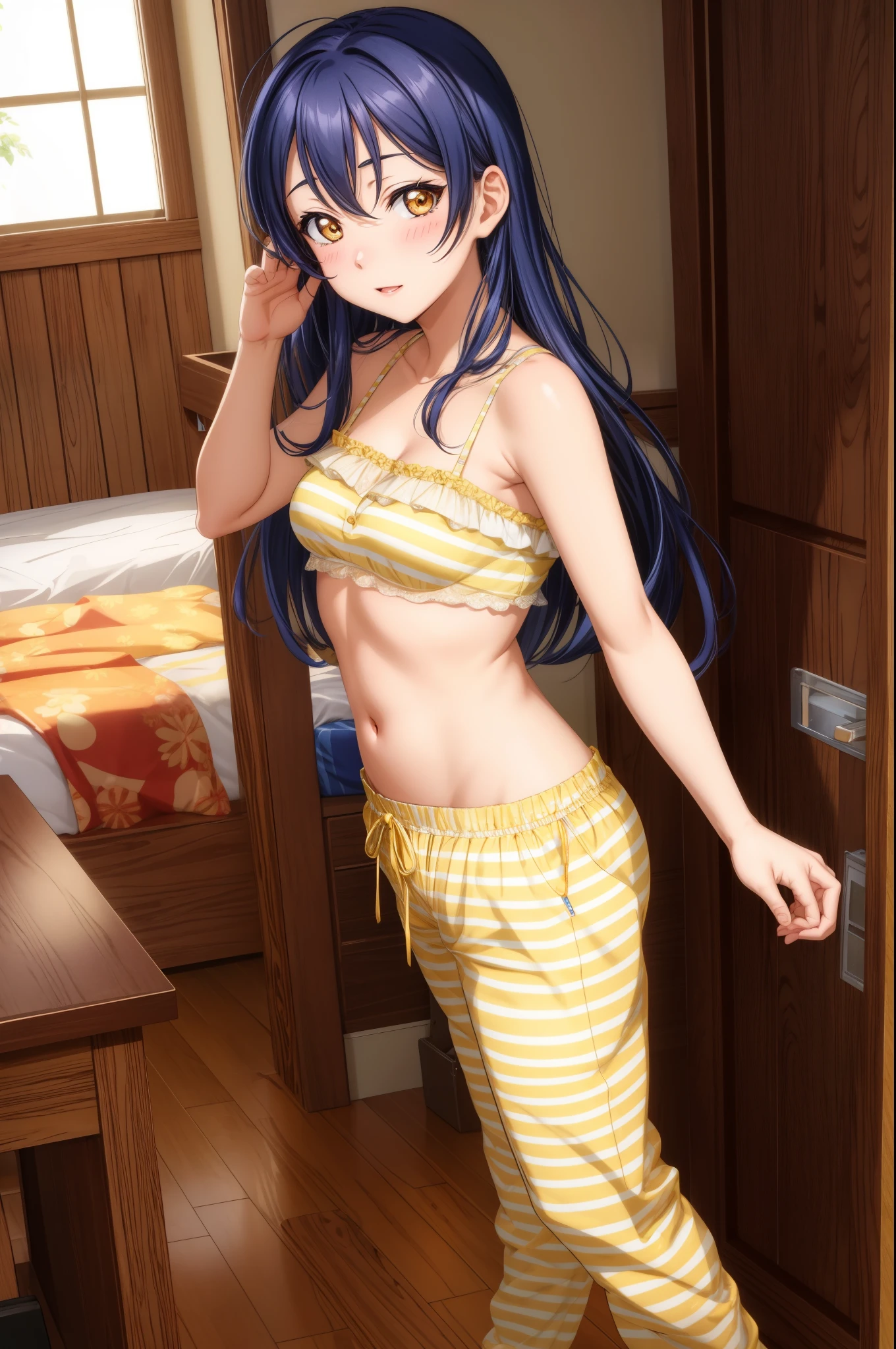 Masterpiece,best quality,Solo,Sonoda umi, cowboy shot, detailed golden eyes, striped tube top, pajamas pants, from behind,blushing, begging for ,standing, in love room,sexy