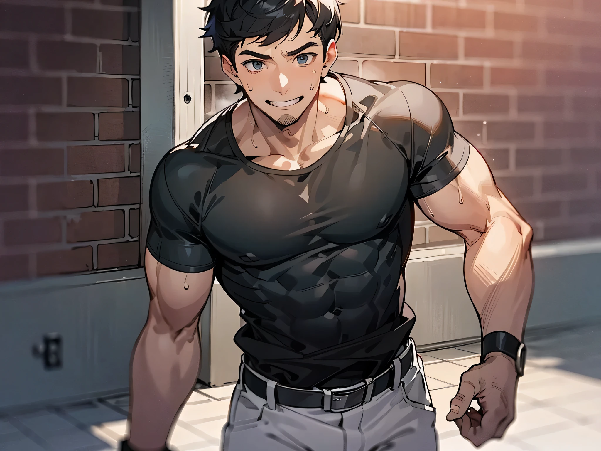 upscaled,grinning evily,1 man, Short black hair,Uncle ,Thin macho, Black shirt, standing in the sun, , I have a brick in my hand, Sweat,constructionyardai,