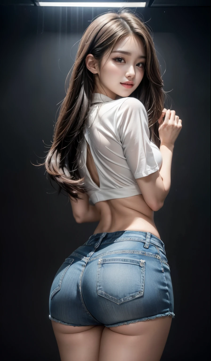 8K, tmasterpiece, RAW photogr, Best quality at best, realisticlying, Extremely detailed CG unified 8K, 8K, diamond, and wallpapers, depth of fields, 电影灯光, lens flare glow, Ray traching, (Extremely beautiful face, beautifullips, pretty eyes), Intricately detailed face, ((Ultra-delicate skin)) 1 girl, Beautiful Korean girl, K-pop idol,1 girl, ultra - detailed, hyper realisitc, Very detailed CG illustration, offcial art, 电影灯光, actual, Young and beautiful girl, perfect body figure, perfect body figure, full pov, perfect bodies, (Starting below:1.3), 的lewd poses,(巨bigger山雀:1.0), long sexy legs, (thigh gap:1.5),Wide hips,Self-confident, Beautiful Sexy, white short sleeve, Open the abdomen, bigger, lightweight denim shorts, S-shaped body, hip is cocked,placed in a,lewd poses,Different Perspectives,looking at viewert, (pale-skinned), (largeeyes),(ssmile:0.8),Turn Back, rear projection,
