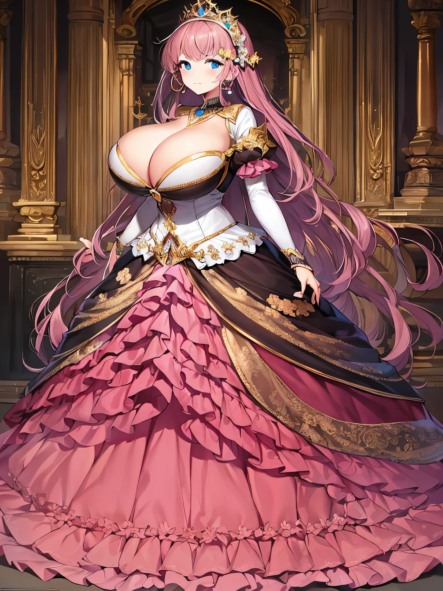 (anime artstyle),Masterpiece,Best Quality,Super Detail,Very Delicate and Beautiful,(((Solo))),((full body)),(((1 princess in gorgeous princess rococo ball gown with voluminous hoop skirt))),crinoline,Long train,((gorgeous rococo ballgown with beautiful embroidery and jeweled)),beautiful embroidery and jeweled gorgeous rococo ballgown with many ruffles,gorgeous rococo ballgown with big bows,gorgeous rococo ballgown with big bows,(((very gigantic boobs))),(Skindentation,cleavage),(gorgeousfull embroidery and lace),detailed face and eyes,jewel-like eyes,((extremely voluminous straight Hair,Very Long Straight Hair)),gorgeousfull hair ornament,(gorgeousfull jeweled tiara),Looking at viewer,((gorgeous princess rococo ball gown with voluminous hoop skirt)),full body,