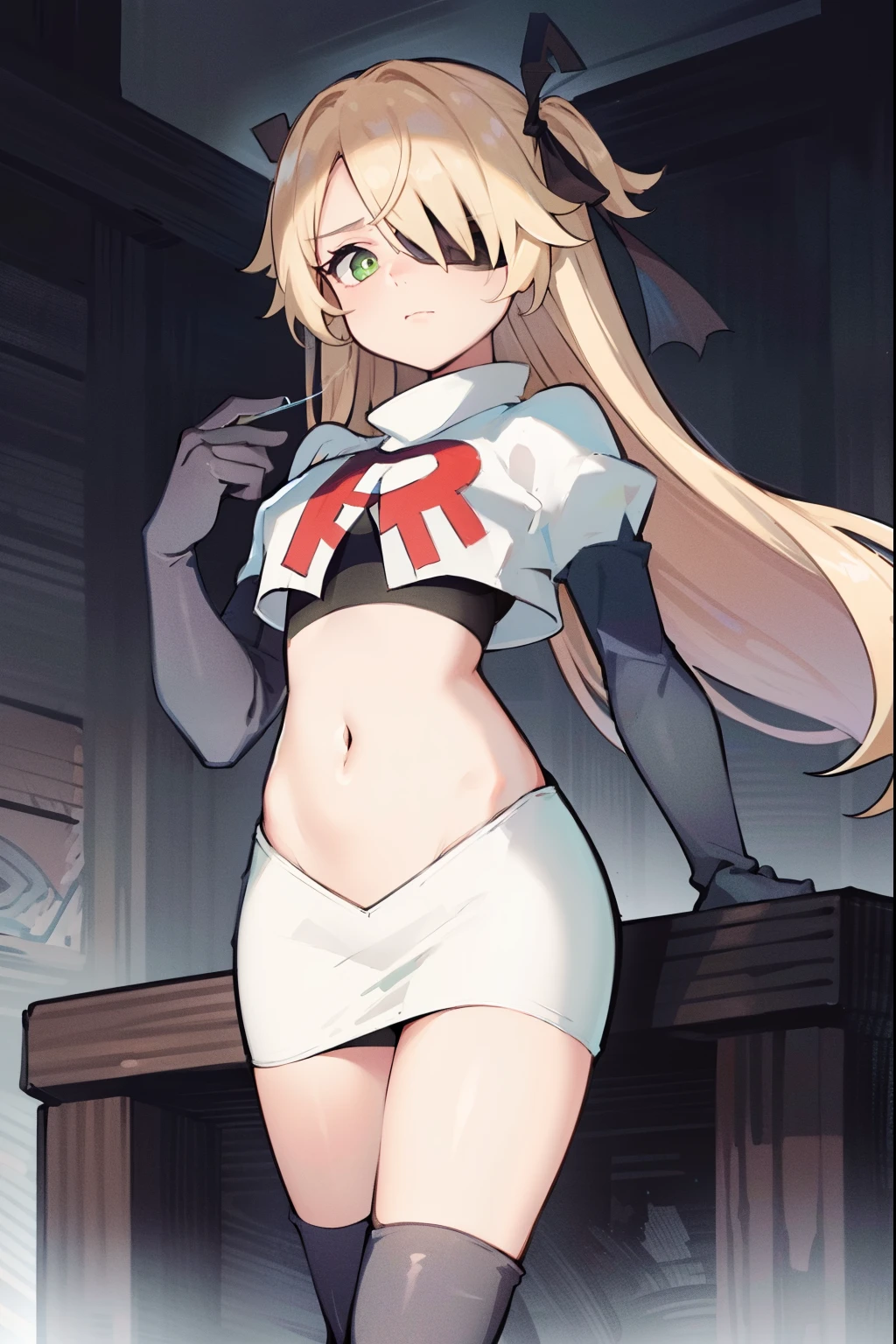 absurdres, fischl (dunkelnacht sakrament) (genshin impact), green eyes, (white pupils:1.2), fischl (genshin impact), medium_breasts, blonde hair, eyepatch, long hair, hair over one eye, bangs, hair ribbon, small breasts, 1girl, team rocket,team rocket uniform,white skirt,red letter R,crop top,black thigh-high boots,black elbow gloves,