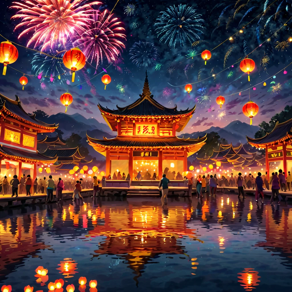 Beautiful town celebrates New Year's Eve countdown,new year 2024,Colorful lanterns and decorations,children playing and dancing,Huge countdown clock with gorgeous patternireworks in the night sky,Performer juggling ribbons,Colorful lanterns and decorations,Performer juggling colorful ribbons,Gorgeous temple,Incense,offering offerings,People make wishes and pray,Calm lake lit with candleeautiful reflection of fireworks and lanterns,a joyful atmosphere,(best qualtiy,8k,A high resolution,tmasterpiece,ultra - detailed,UHD,hyperdetailed painting,Sharp focus,physically-based renderingt,extreme detail description,professinal,vivd colour,bokeh)