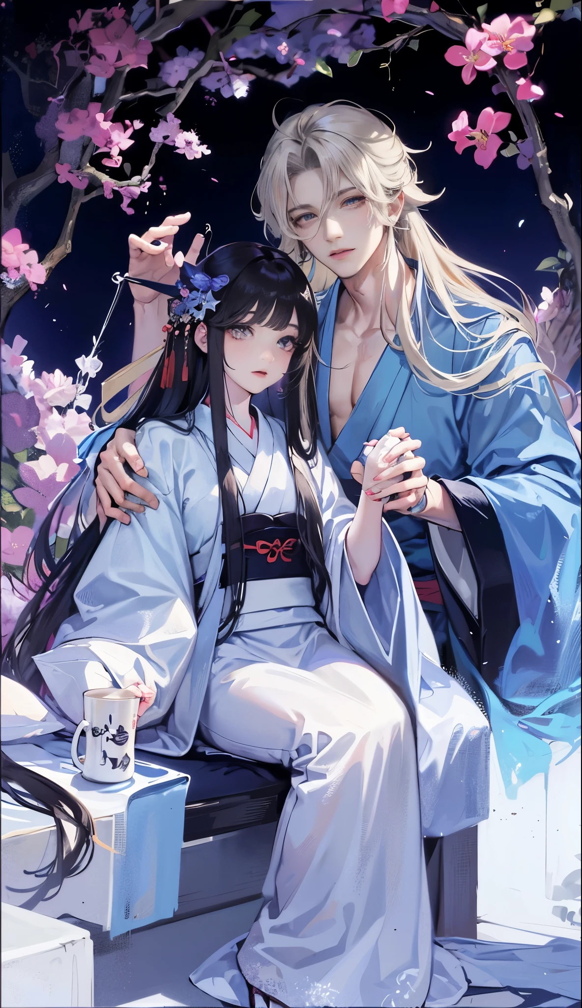 A beautiful woman sitting next to a handsome man, both of them with long hair, wearing hanfu, their faces detailed, eyes detailed.