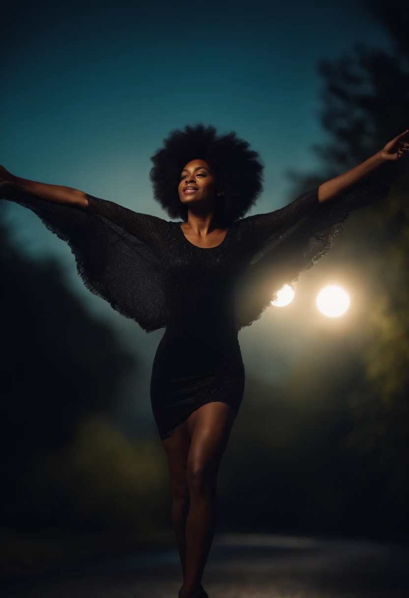 Black woman with Afro flying on a black bird at night