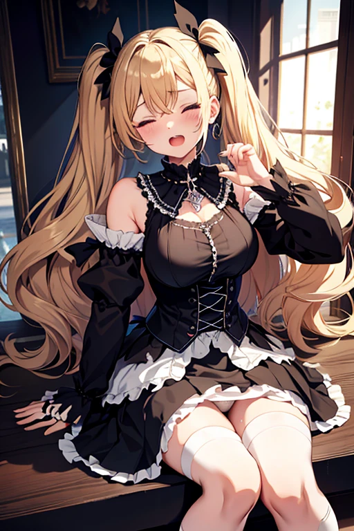 full body, 1girl, big breast BREAK black gothic ta clothes, cross necklace, shoulder pad, armor, sword, blonde curly hair, twintail, hair bow, tottering, tilt head, closed eyes, pain, screaming, open mouth, (torn skirt, white panty:1.3), torn clothes, scenery