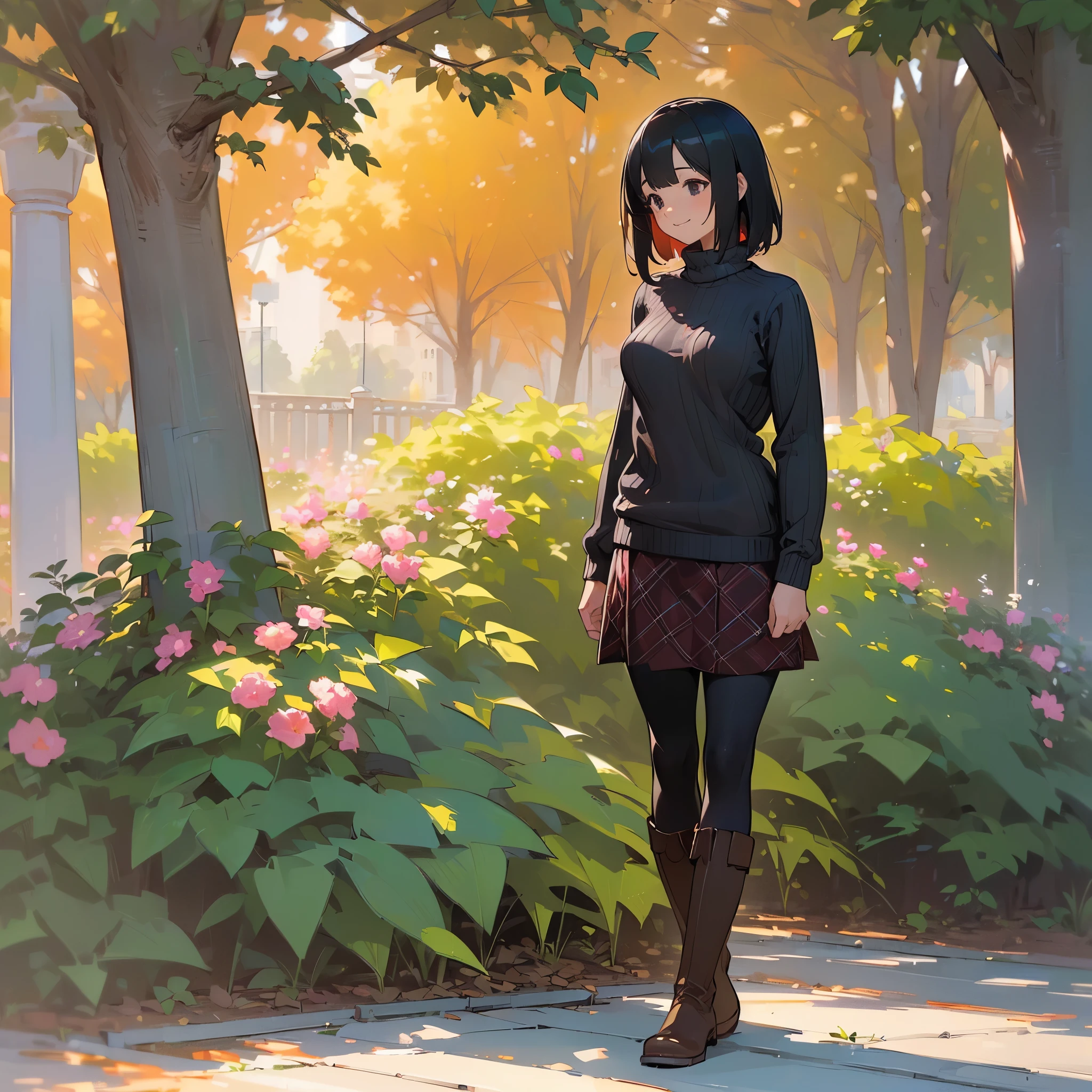 (High quality, High resolution, Ultra-detailed, Realistic:1.37), peaceful ambiance, (plein air, garden),  girl standing alone, (My breasts are big.), Beautiful detailed features, Cute smile, (Black bob hair), Ribbed sweater, Red plaid skirt, Black tights, Brown boots.