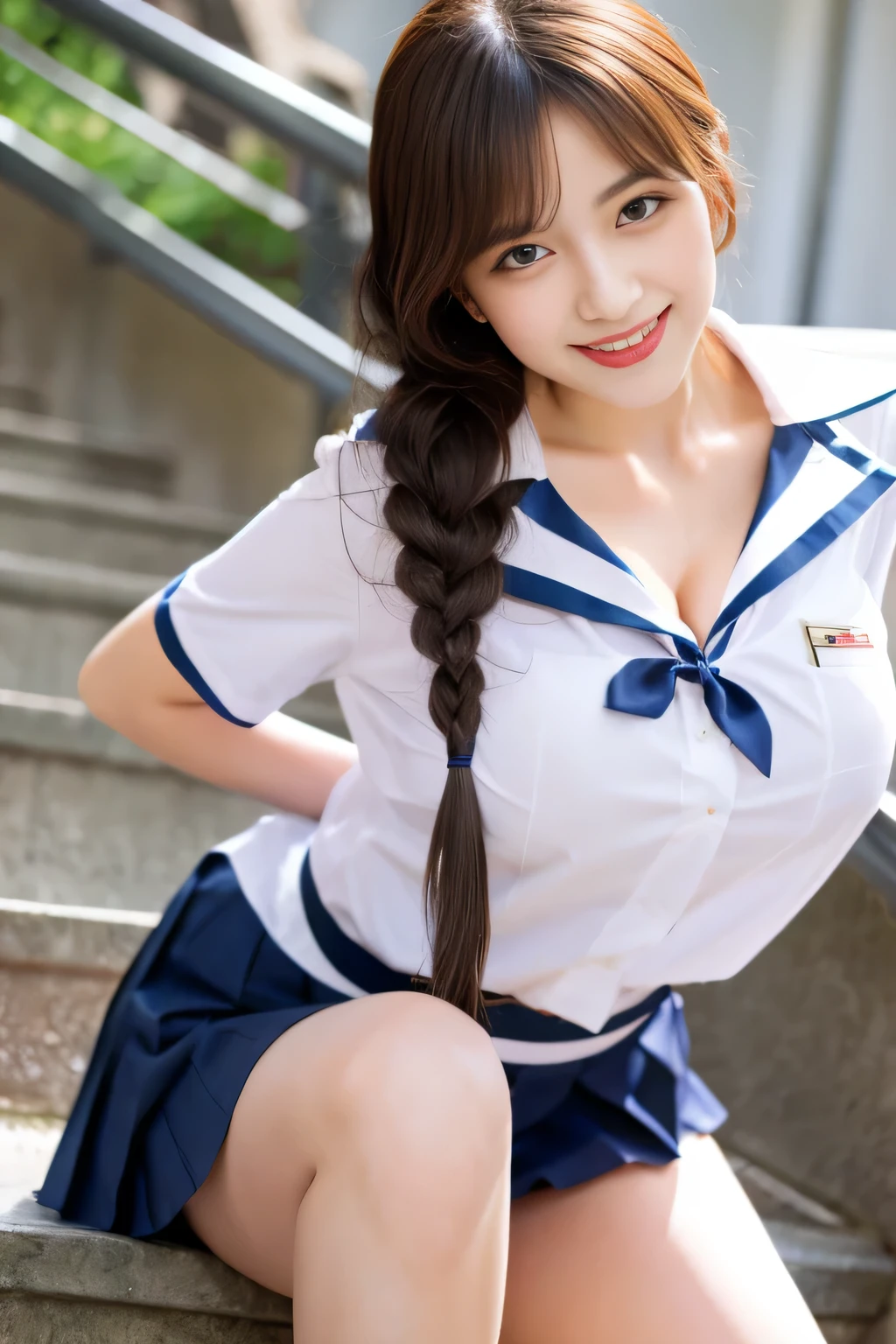 Korean School Uniform, Summer School Uniform Shirt, Ribbon Ties, Short skirts, School Classroom, School stairs, Chest thrusting pose, 8k RAW photo, hight resolution, Cool 19 year old Korean, very large round breasts, cleavage, beautiful eyes in detail, long eyeslashes, Slender eyes, elongated eye shape, Sanpaku eyes, grinning evily, Evil expressions, Beautiful and very slender calves, Beautiful and thick thighs, Striped stockings,Curly,big wavy hair, Hair tied at the back of the head, earrings, Gravure Pose