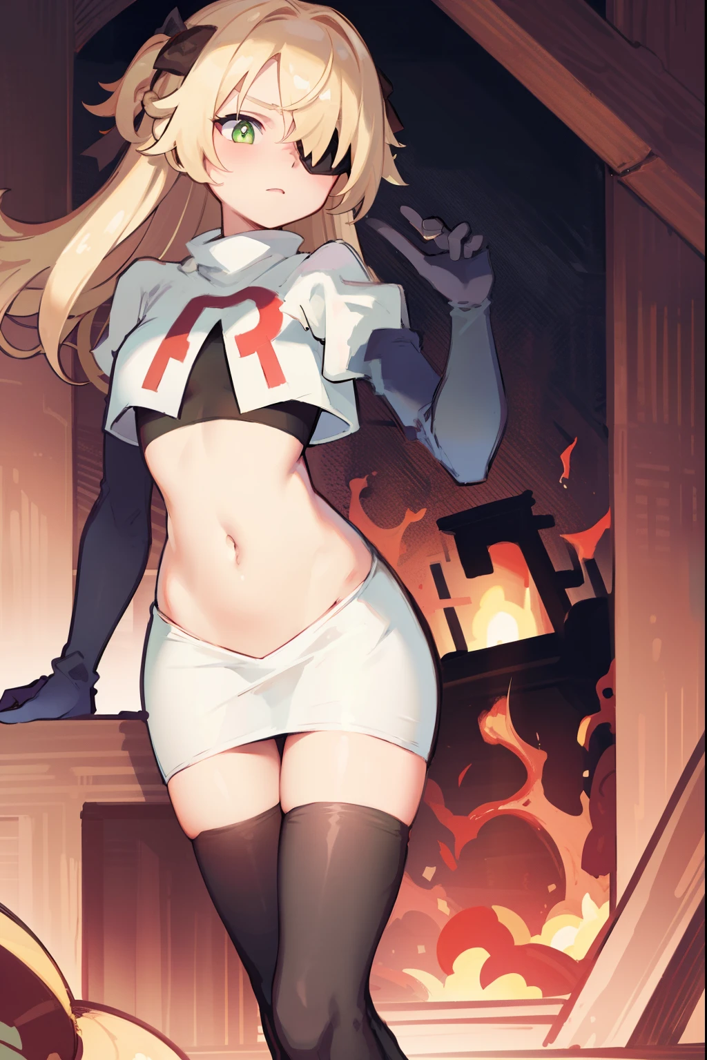 absurdres, fischl (dunkelnacht sakrament) (genshin impact), green eyes, (white pupils:1.2), fischl (genshin impact), medium_breasts, blonde hair, eyepatch, long hair, hair over one eye, bangs, hair ribbon, small breasts, 1girl, team rocket,team rocket uniform,white skirt,red letter R,crop top,black thigh-high boots,black elbow gloves,
