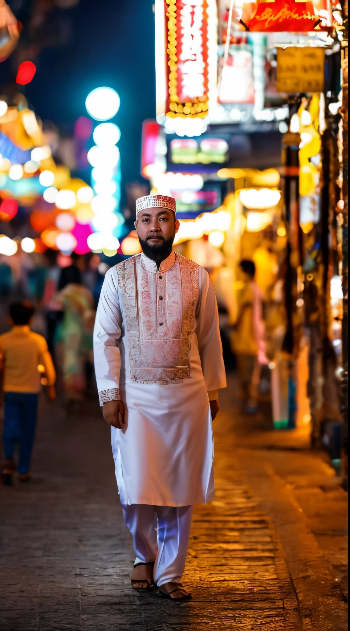malay man in traditional Malay costume walking at night in Kuala Lumpur street, alone in white shirt, grey hair and beard, crowded area, regret face, detailed skin texture, soft lighting, pastel color grading, Super 8mm lens, Deep Focus cinematography effect, ultra realistic, 8k.