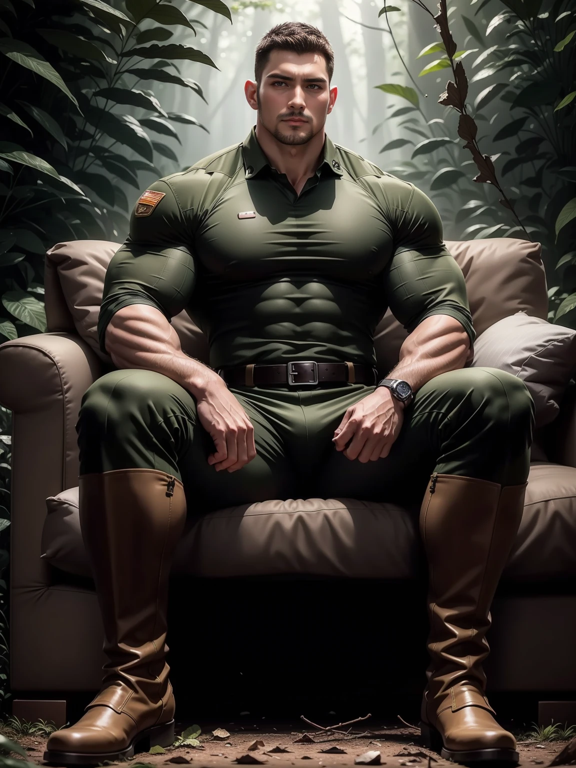 Sad frowning tall giant muscular man sitting in the forest,Dark brown camouflage military uniform,character design(Resident Evil - Chris Redfield,Chris Redfield)His hairstyle is a crew cut,Wearing dark brown camouflage military uniform,Frosted grain texture,Soft and comfortable sofa,Sitting in the eerie cane jungle, The body is wrapped in thick rattan,expression sad,Deep and charming eyes,The male hero with sapphire eyes,heroic masculine pose,Tall and burly,Muscular!Charming leg muscles,tall, Burly, and strong, Wearing dark brown camouflage military uniform, Super gain and cool, commission for high resolution, Big feet in black boots,Charming strong man,Bright sunlight shines on the body,The texture of frosted particles is shiny
