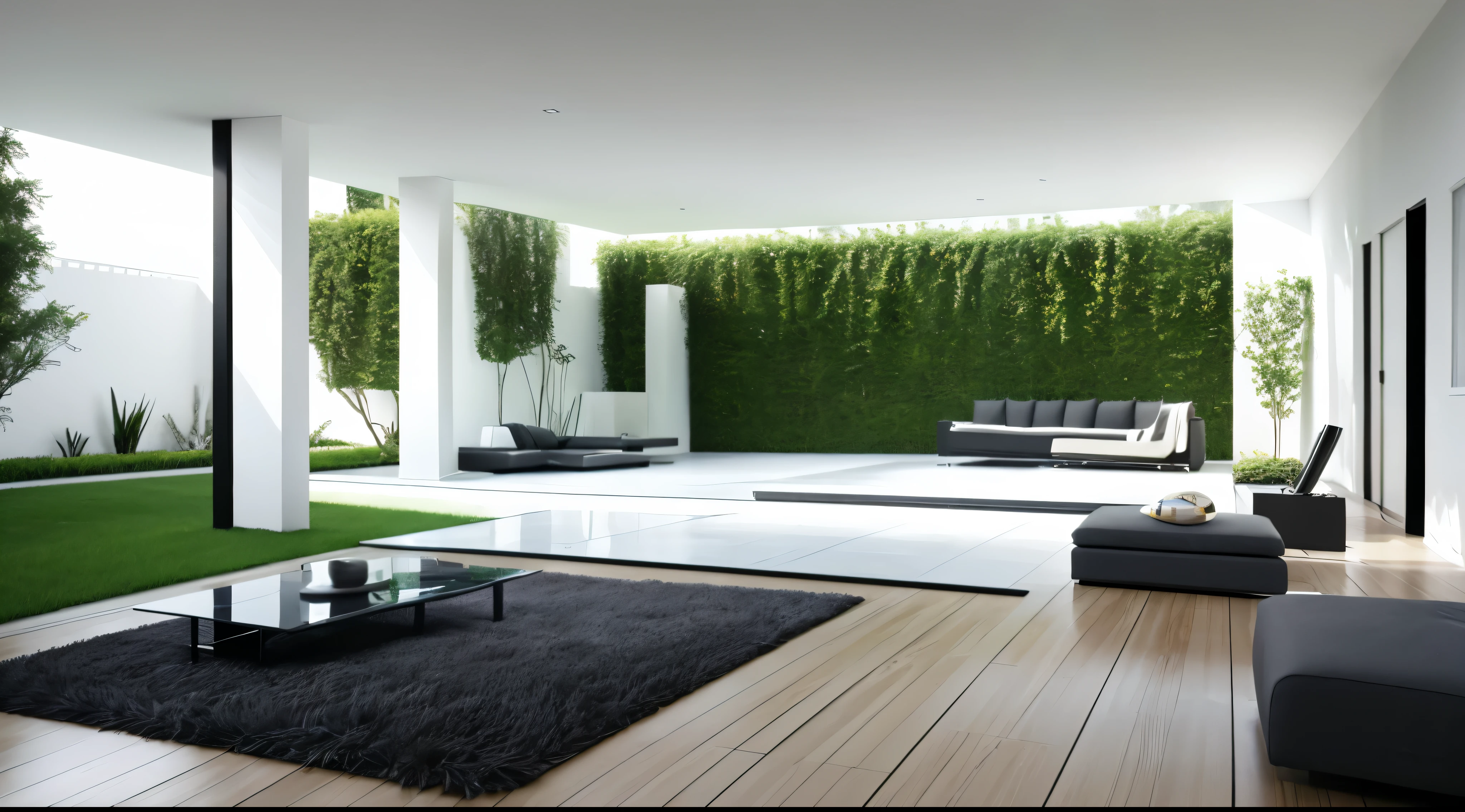 You are a famous interior designer、You have been asked to create a 3D image of a modern large room. Create a harmonious environment with modern and minimalist furniture. Including garden interior.