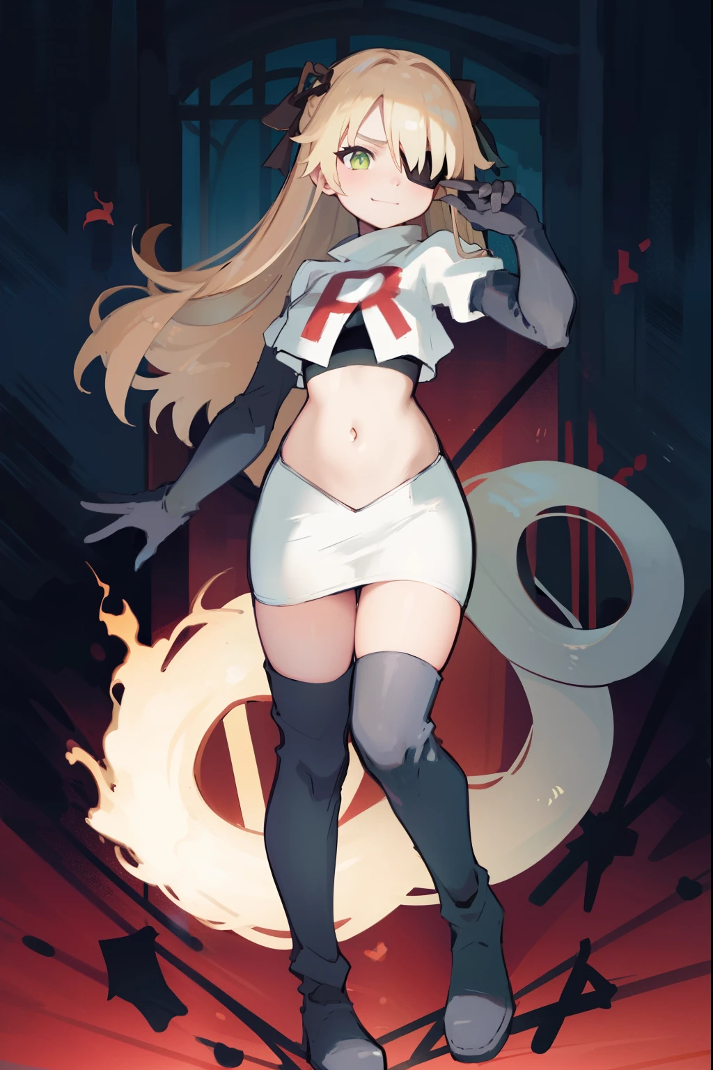 absurdres, fischl (dunkelnacht sakrament) (genshin impact), green eyes, (white pupils:1.2), fischl (genshin impact), medium_breasts, blonde hair, eyepatch, long hair, hair over one eye, bangs, hair ribbon, small breasts, 1girl, team rocket,team rocket uniform,white skirt,red letter R,crop top,black thigh-high boots,black elbow gloves, smile, show teeth