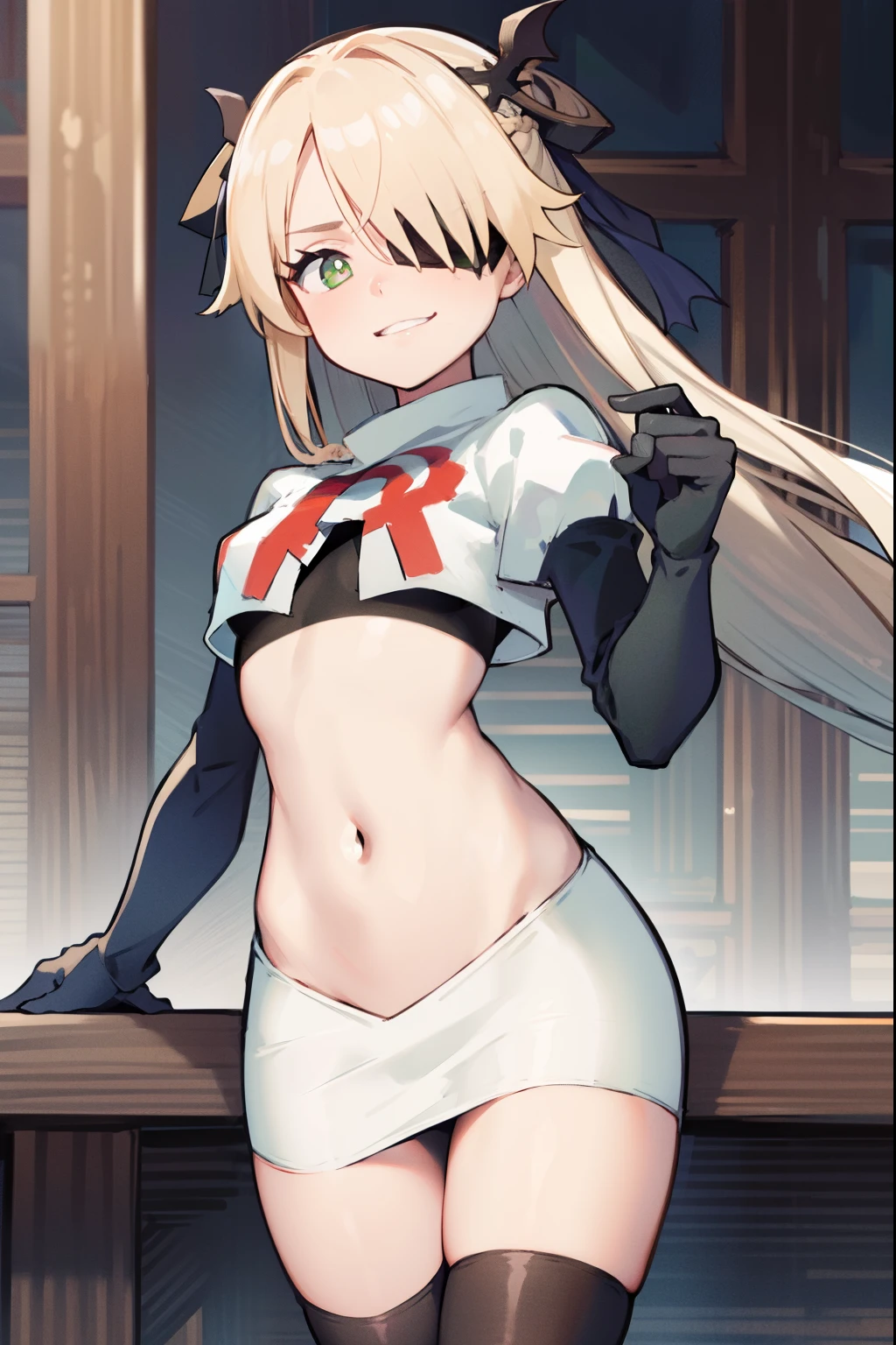 absurdres, fischl (dunkelnacht sakrament) (genshin impact), green eyes, (white pupils:1.2), fischl (genshin impact), medium_breasts, blonde hair, eyepatch, long hair, hair over one eye, bangs, hair ribbon, small breasts, 1girl, team rocket,team rocket uniform,white skirt,red letter R,crop top,black thigh-high boots,black elbow gloves, smile, show teeth