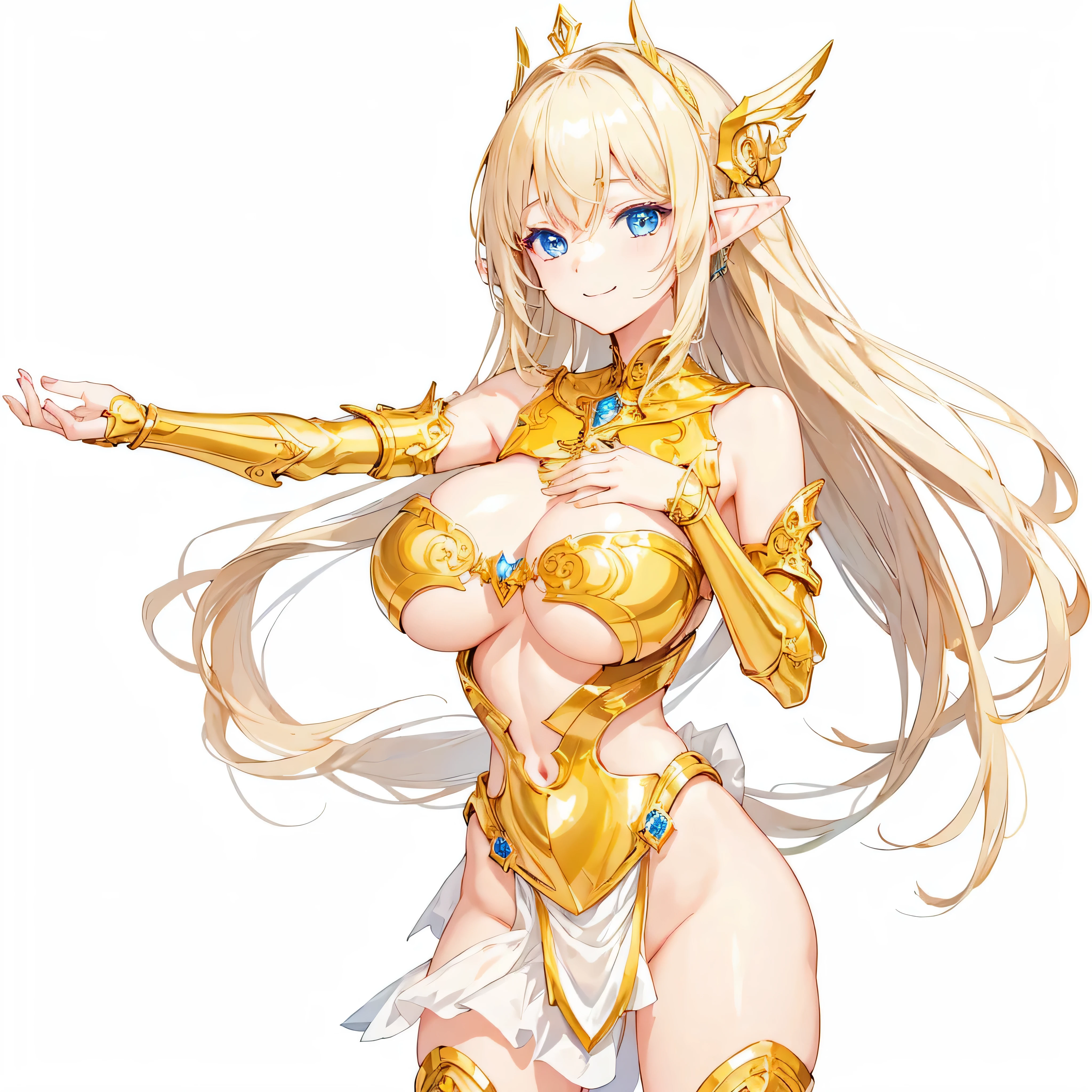 masterpiece、top-quality、ighly detailed、hight resolution、16k、fullnude、teats、Teetoob proportions、elvishの女の子、golden armour、Very thin skirt、Black pants、Very white skin、Beautiful fingers、Anime girl with very big breasts posing naked、Perfect Style、elvish、no-bra、Blonde blue-eyed、A smile、slim the contours