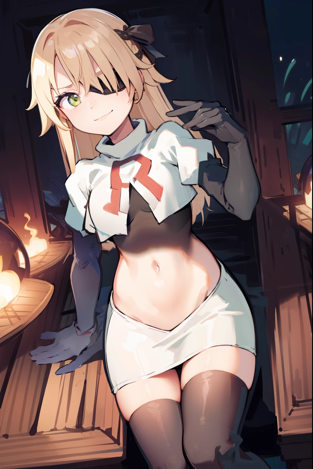 absurdres, fischl (dunkelnacht sakrament) (genshin impact), green eyes, (white pupils:1.2), fischl (genshin impact), medium_breasts, blonde hair, eyepatch, long hair, hair over one eye, bangs, hair ribbon, small breasts, 1girl, team rocket,team rocket uniform,white skirt,red letter R,crop top,black thigh-high boots,black elbow gloves, smile, show teeth