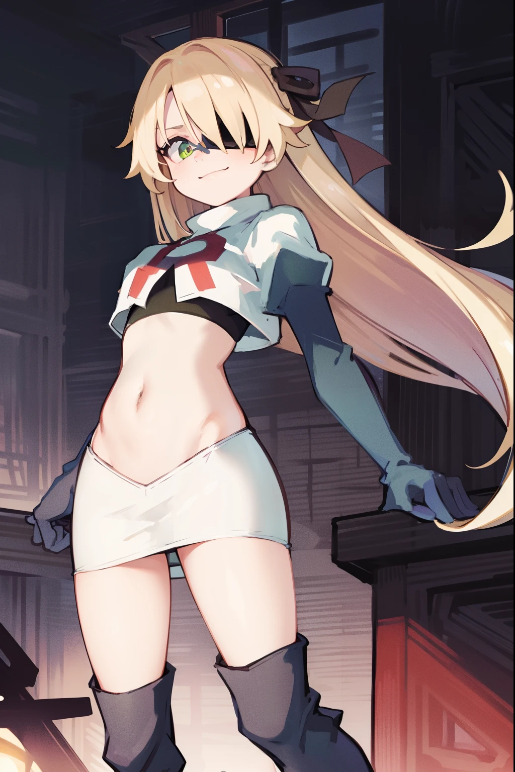 absurdres, fischl (dunkelnacht sakrament) (genshin impact), green eyes, (white pupils:1.2), fischl (genshin impact), medium_breasts, blonde hair, eyepatch, long hair, hair over one eye, bangs, hair ribbon, small breasts, 1girl, team rocket,team rocket uniform,white skirt,red letter R,crop top,black thigh-high boots,black elbow gloves, smile, show teeth