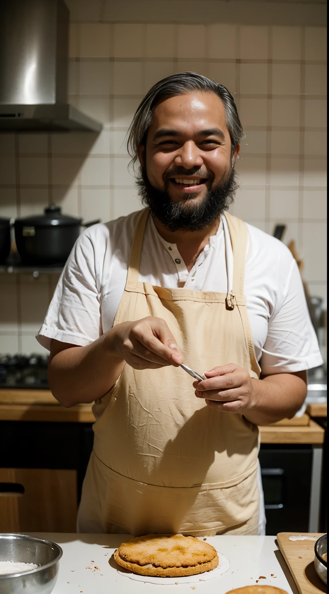 malay man in traditional Malay costume baking cake in pastel color dress, grey hair and beard, laughing, happy, messy kitchen, flour in face and body, wet flour in body and face, detailed skin texture, soft lighting, too many smudge flour in body and face, style raw, pastel color grading, Super 8mm lens, Deep Focus cinematography effect, anamorphic format photo, ultra realistic, 8k.