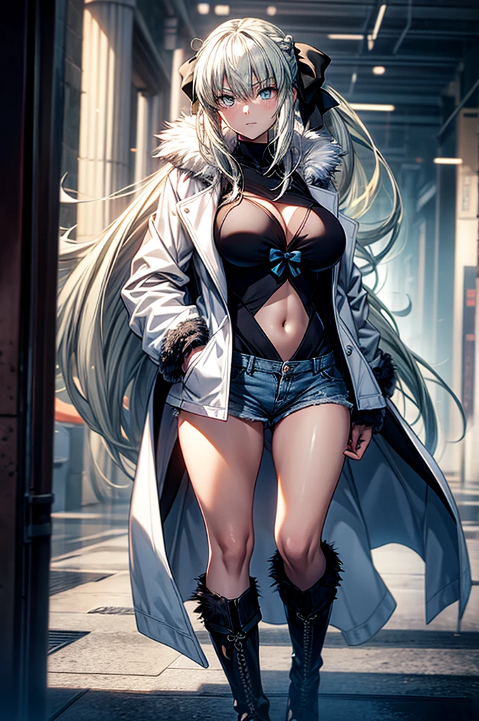 (Enrich the picture,Masterpiece level quality)Beautiful 8K CG artwork,1girl,solo,morgan le fay (fate),detailed face, perfect face, perfect eyes,blue eyes,Long Hair, pony tail,Very long hair, big boob, black bow,Hair Bow, thights,side locks, French braid, grey hair,chuckle,Slim and soft,big breasts,Black Bikini,denim short shorts,oversized white hoodie,hands in pocket,combat boots,