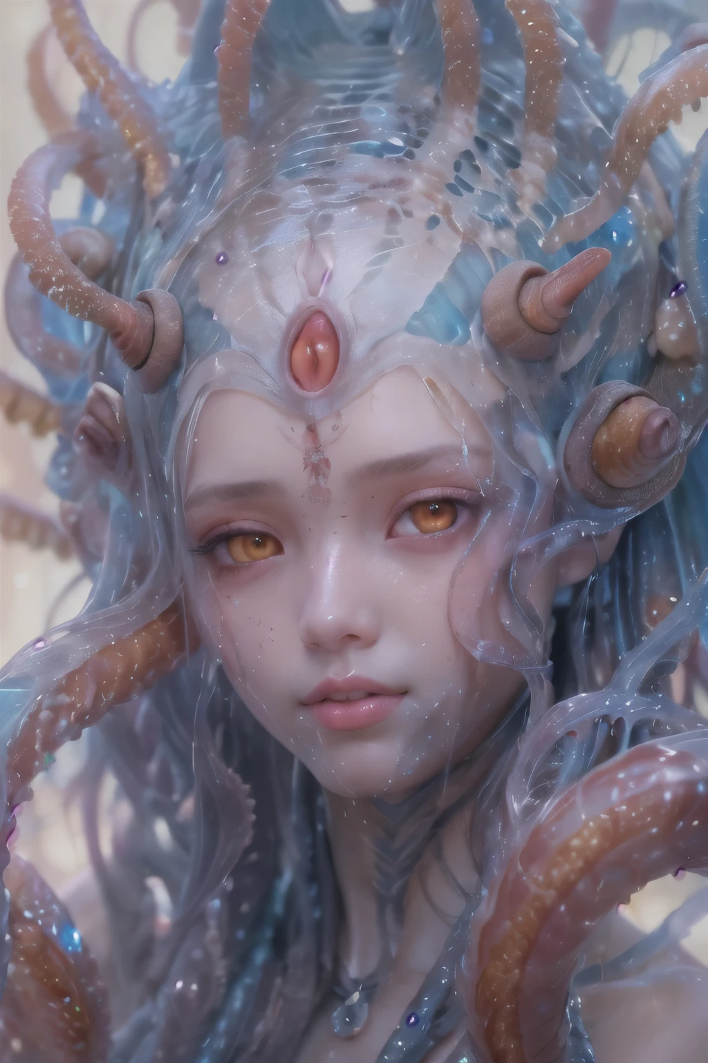 best quality, masterpiece, ultra high resolution, (photos realistic:1.7), scary and sexy detailed art in color, Portrait, (beautiful and obscene female alien:1.4), (vulgarity1.7), (she has red eyes with no pupils:1.8), (Translucent blueskin:1.7), (There is a female genital-like organ in the middle of the forehead:1.9), (The most beautiful face in the history of the universe:1.2),an evil gaze that seduces, (large mouth:1.1), (sharp teeth like a vampire:1.2), Full body portrait, (bio luminescent:1.5), (Smile wickedly:1.3), (sexypose:1.5), alien, No humans, cells are fused, (Lots of translucent tentacles:1.3) extraterrestrial, cell, bio image, best quality, 8K,In 4K_quality, High freshness, Dramatic Lighting, cinematic quality, detail up, (exquisite details:1.2), High freshness, drawing faithfully, (Thick eyebrows:1.2), Beautiful eyes with fine symmetry,(Highly detailed face and eyes:1.2), Intimate face, (Super detailed skin quality feeling:1.4), perfect anatomy, (Beautiful toned body:1.5), (Moist skin:1.2), not wearing makeup, (dark circles:1.1), long canines, cinematic drawing of characters, ultra high quality model, cinematic quality, detail up, (exquisite details:1.2), high resolution, High freshness, drawing faithfully, official art, Unity 8K Wall paper, ultra detailed artistic photography, midnight aura, unreal engine 5, Ultra Sharp Focus, art by Amano Yoshitaka, ArtGerm, Roisch, intricate artwork,ultra realistic realism, dream-like, nautilus, Creation of fantasy, Snail, Dream Snail, (biopunk nautilus:1.3),Thrilling color schemes, seductively smiling, Blue tentacles, Amazing mutation, well-proportioned body, goddess of the deep sea, fractal, Geometric pattern