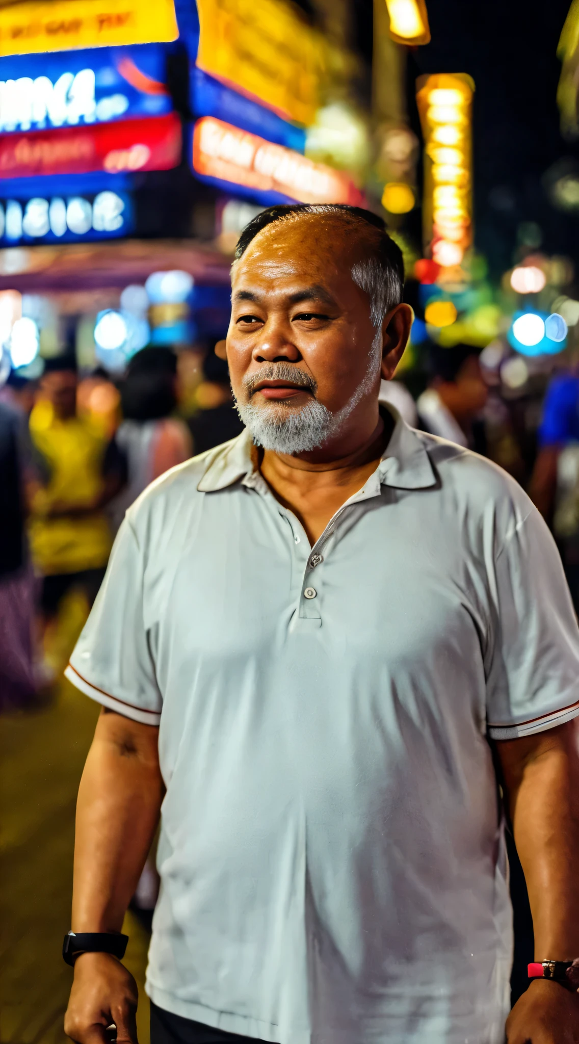 malay man in traditional Malay costume walking at night in Kuala Lumpur street, alone in white shirt, grey hair and beard, crowded area, regret face, detailed skin texture, soft lighting, pastel color grading, Super 8mm lens, Deep Focus cinematography effect, ultra realistic, 8k.