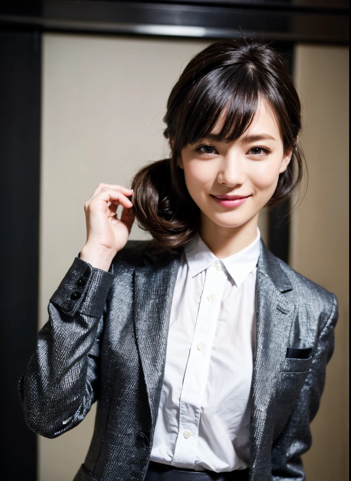 best quality, photorealistic, 8k, ((high res)), 1office lady, (skindentation), (portrait:0.5), gorgeous, ((nobody darkness refresh room:1.65)), Perfect Anatomy, ((grey jacket, dark grey skirt, brown pantyhorse, with white shirt)), straight-looking at viewer:1.8, (1girl eyes looking at viewer, short-length straighthair, black hair, updohair:1.75), Contrapposto, grey suit, bring black business bag, photorealistic, (smile:1.2), (closed mouth:0.76), gorgeous, pureerosface_v1,