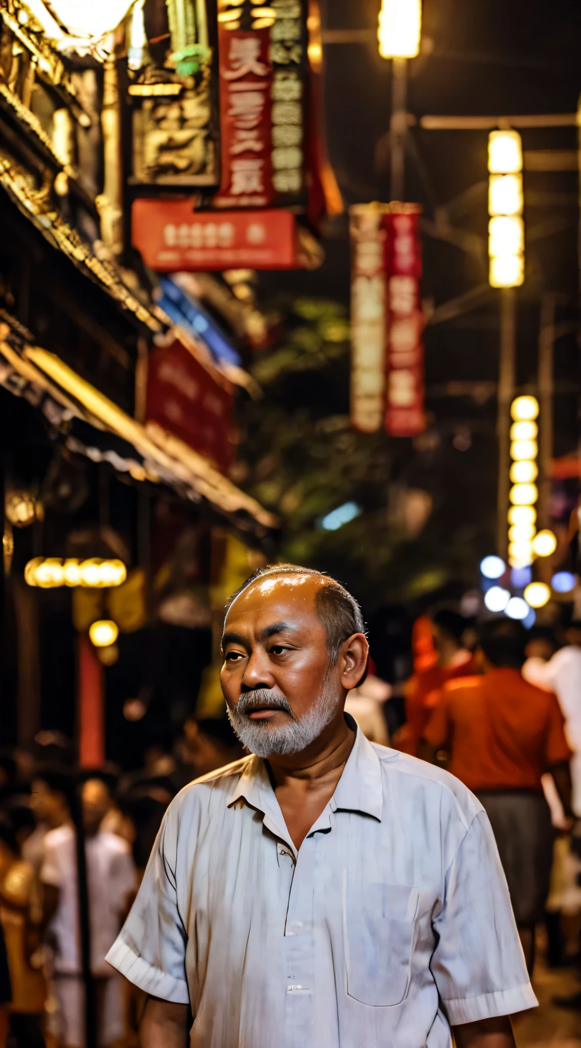 malay man in traditional Malay costume walking at night in Kuala Lumpur street, alone in white shirt, grey hair and beard, crowded area, regret face, detailed skin texture, soft lighting, pastel color grading, Super 8mm lens, Deep Focus cinematography effect, ultra realistic, 8k.