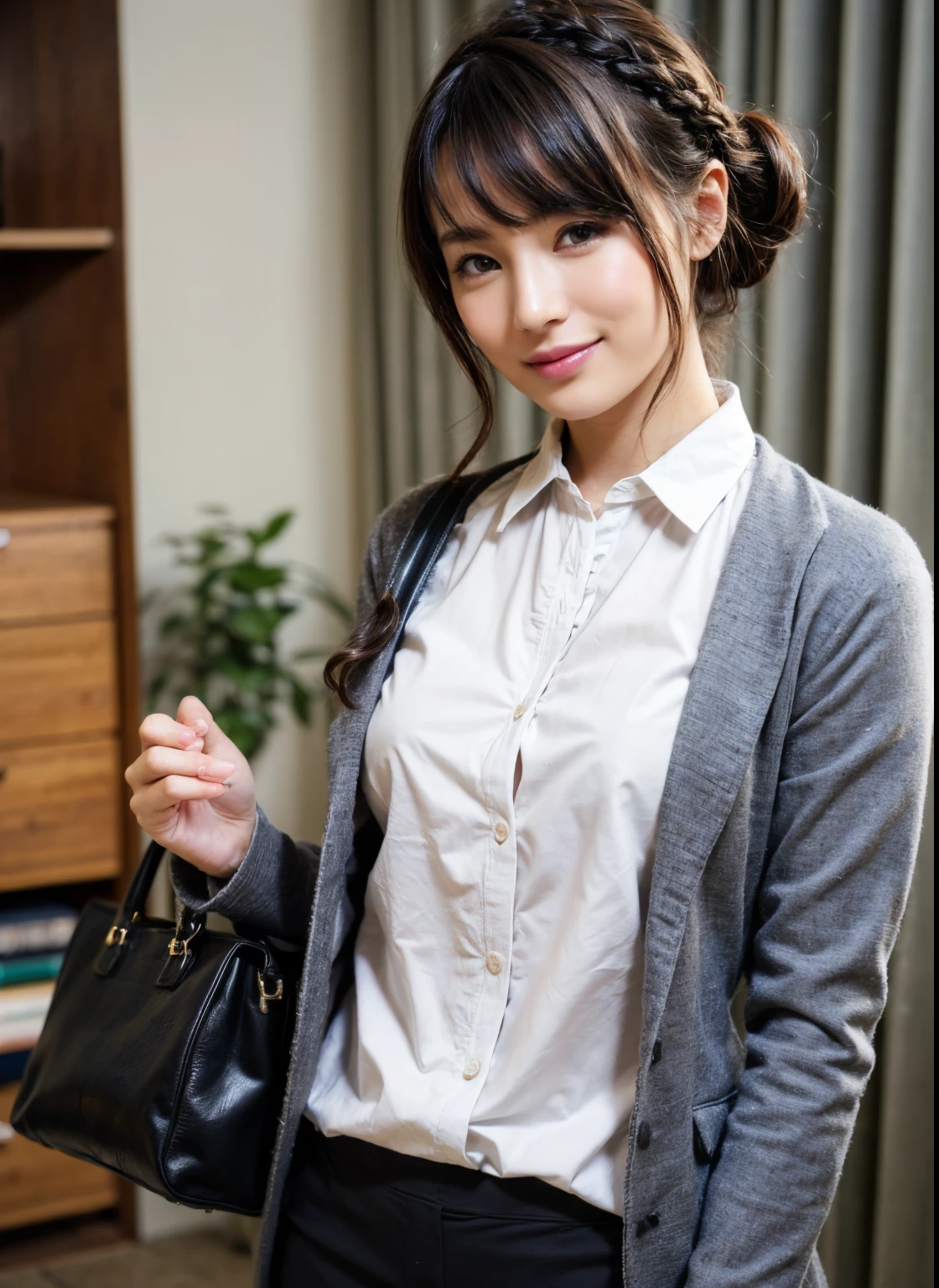 best quality, photorealistic, 8k, ((high res)), 1office lady, (skindentation), (portrait:0.5), gorgeous, ((nobody darkness refresh room:1.65)), Perfect Anatomy, ((grey jacket, dark grey skirt, brown pantyhorse, with white shirt)), straight-looking at viewer:1.8, (1girl eyes looking at viewer, short-length straighthair, black hair, updohair:1.75), Contrapposto, grey suit, bring black business bag, photorealistic, (smile:1.2), (closed mouth:0.76), gorgeous, pureerosface_v1,