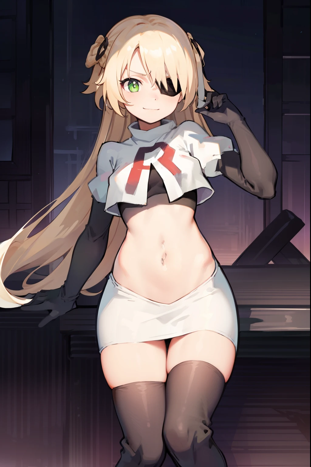 absurdres, fischl (dunkelnacht sakrament) (genshin impact), green eyes, (white pupils:1.2), fischl (genshin impact), medium_breasts, blonde hair, eyepatch, long hair, hair over one eye, bangs, hair ribbon, small breasts, 1girl, team rocket,team rocket uniform,white skirt,red letter R,crop top,black thigh-high boots,black elbow gloves, smile, show teeth