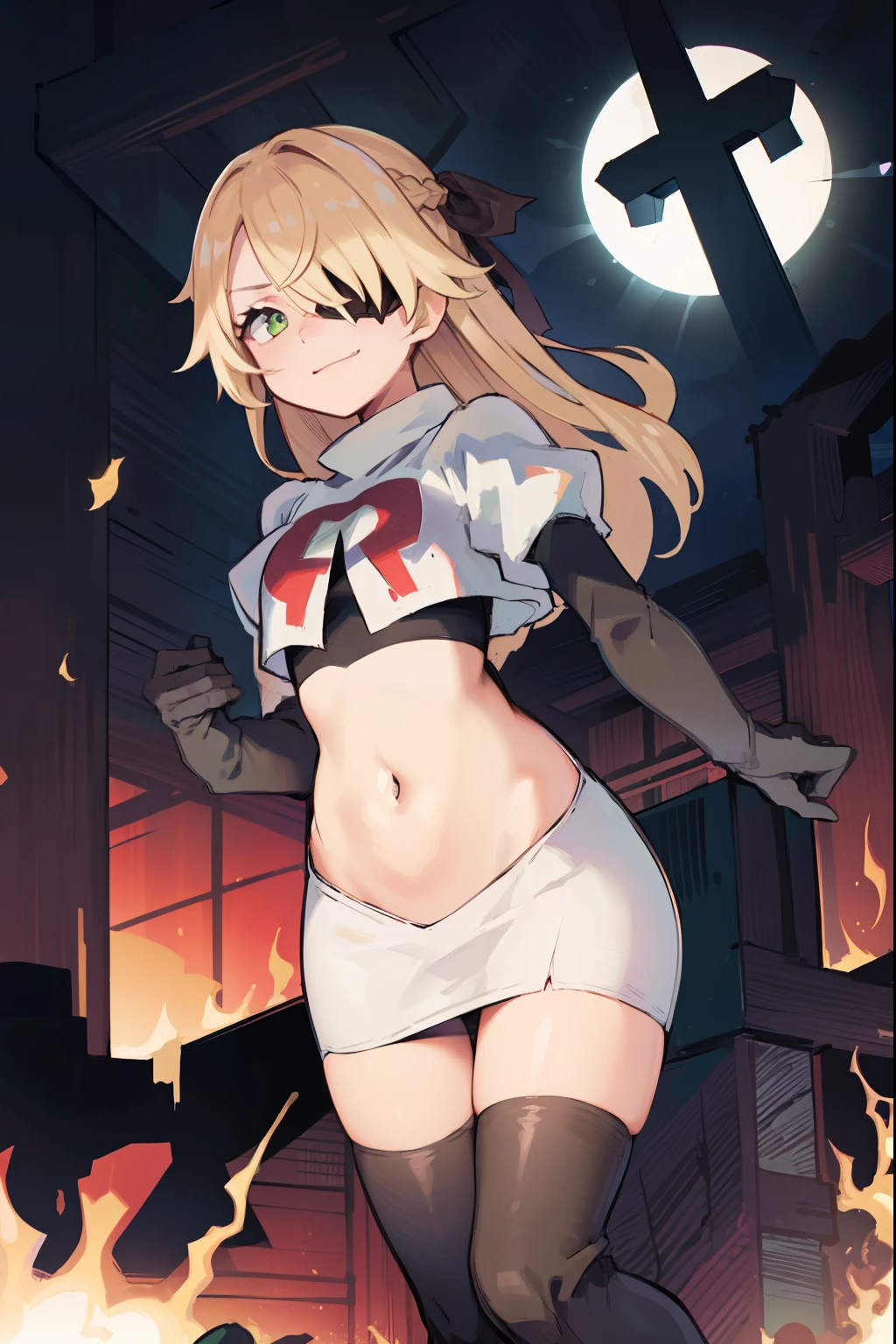 absurdres, fischl (dunkelnacht sakrament) (genshin impact), green eyes, (white pupils:1.2), fischl (genshin impact), medium_breasts, blonde hair, eyepatch, long hair, hair over one eye, bangs, hair ribbon, small breasts, 1girl, team rocket,team rocket uniform,white skirt,red letter R,crop top,black thigh-high boots,black elbow gloves, smile, show teeth