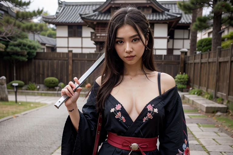 ((La mejor calidad)), ((Obra maestra)), (Detallado), ((estilo anime)) Cara perfecta, Chica anime de ((cuerpo entero)) black hair with blue highlights wearing a red kimono with a plunging neckline and a small black scorpion emblem on her kimono, carries katana and wakizashi on the left side of his belt, She is holding a Japanese knife, Onmyoji, Katana Zero, por Yang J, Kunoichi, 🌺 CGSociety, Onmyoji detailed art, Samurai femenino, Artgerm extremadamente detallado, Masayoshi Suto and Artgerm in the background of an ancient Japanese castle, 8k