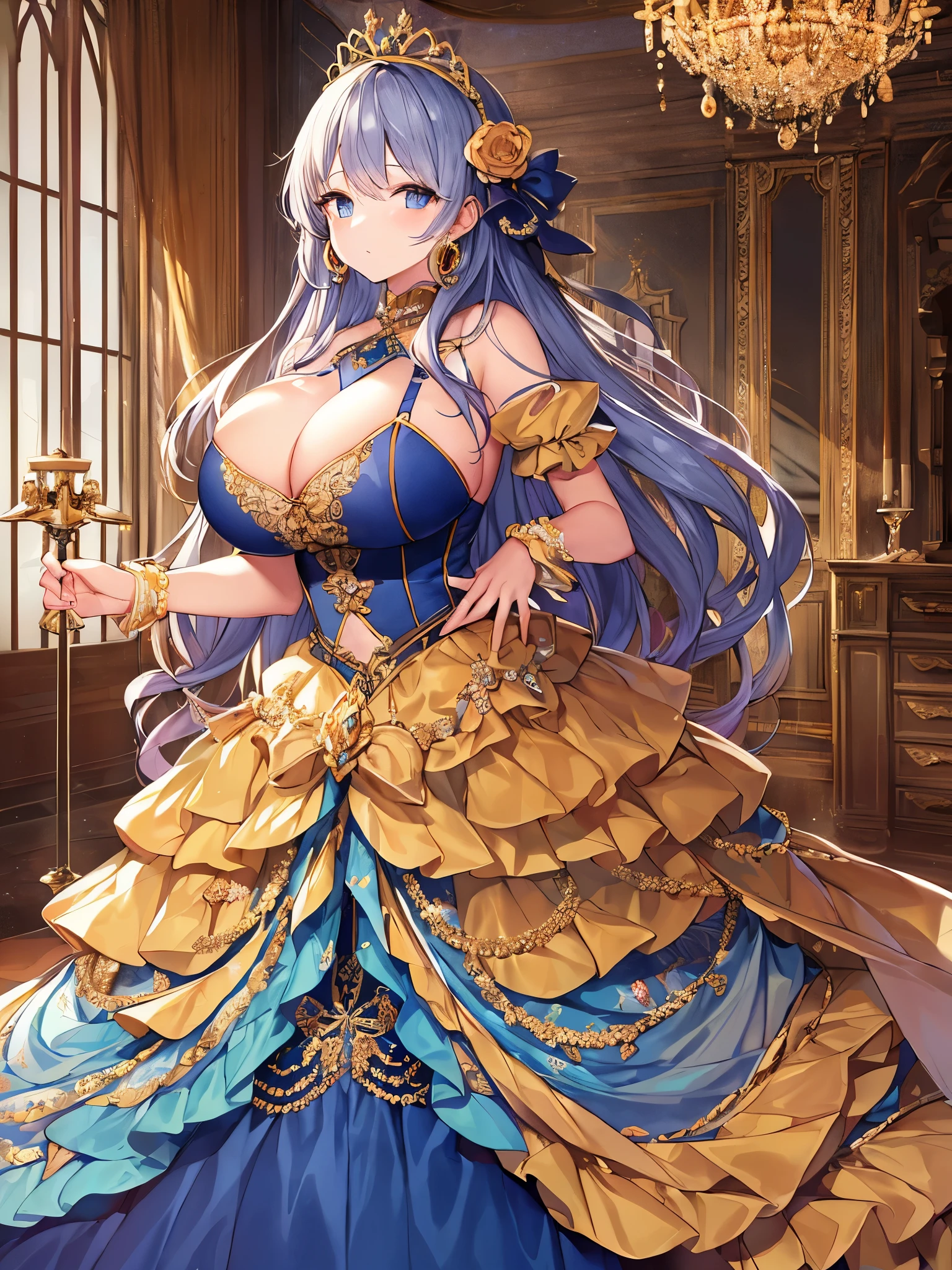 (anime artstyle),Masterpiece,Best Quality,Super Detail,Very Delicate and Beautiful,(((Solo))),((full body)),(((1 princess in gorgeous princess rococo ball gown with voluminous hoop skirt))),(((crinoline))),Long train,(((very gigantic boobs))),(Skindentation,cleavage),((gorgeous rococo ballgown with beautiful embroidery and jeweled)),beautiful embroidery and jeweled gorgeous rococo ballgown with many ruffles,gorgeous rococo ballgown with big bows,gorgeous rococo ballgown with big bows,(gorgeousfull embroidery and lace),detailed face and eyes,jewel-like eyes,((extremely voluminous straight Hair,Very Long Straight Hair)),gorgeousfull hair ornament,(gorgeousfull jeweled tiara),Looking at viewer,((gorgeous princess rococo ball gown with voluminous hoop skirt)),full body,