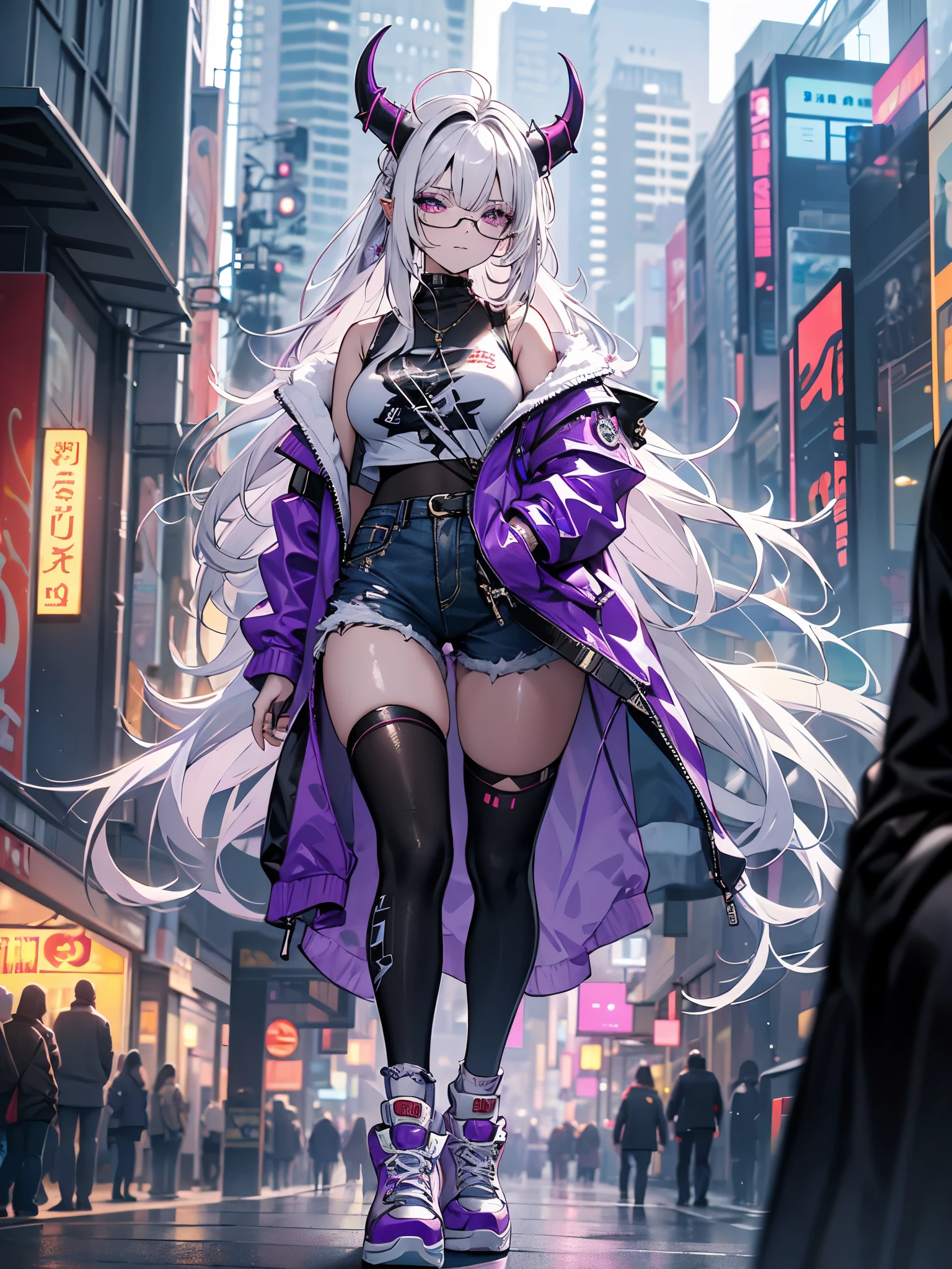 a demon girl with CYBERPUNK ornaments, glasses half hanging on her face, long cyberpunk hair, white hair, thick lips, demonic smile, (((wearing a purple cyberpunk jacket, white high-top sneakers with socks, denim shorts and bigger horns))), small breasts round, big booty, strong thighs, {extremely detailed 16k CG unit wallpaper}, expansive landscape photography, (a low view with focus on the character, and setting), (wide view of open field), (photo low angle), (high light: 1.4), (low light: 1.4), (warm light source: 1.5), complex details, (iridescent colors: 1.4), (bright lighting), (atmospheric lighting), Dreamy, single,