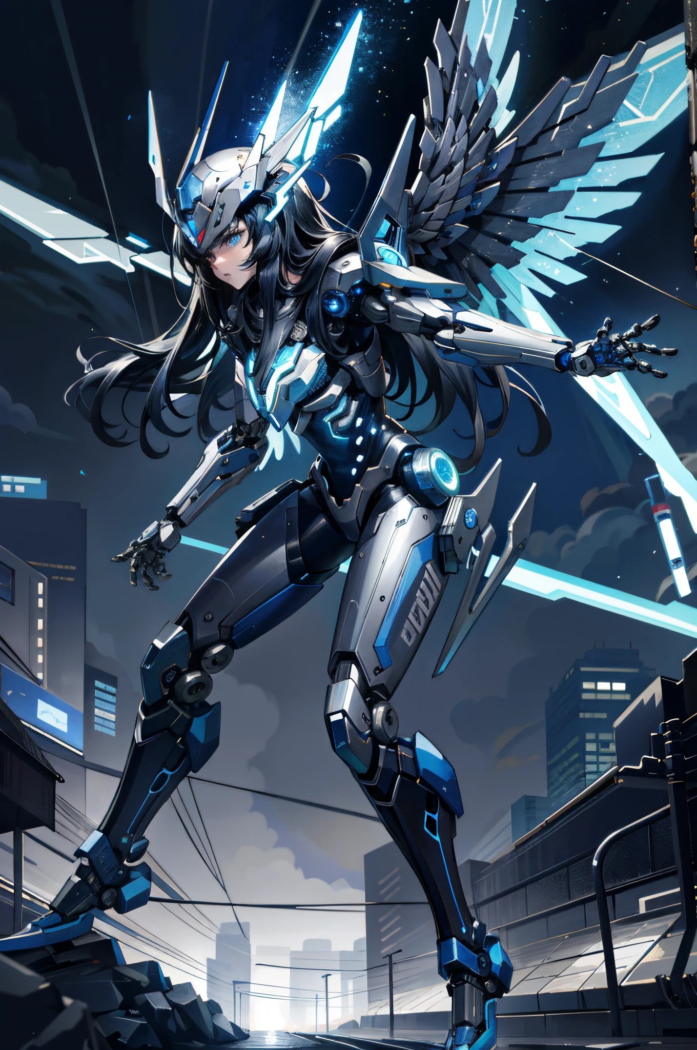 masterpiece,best quality,ultra-detailed,very detailed illustrations,extremely detailed,intricate details,highres,super complex details,extremely detailed 8k cg wallpaper, caustics,reflection,ray tracing, 1girl:1.4), solo, alone, (blue_theme:1.3), (grey_theme:1.3), (mecha musume, mechanical parts ,robot joints, mechanical arm, mechanical legs, headgear, intricate mechanical bodysuit, mechanical energy wings), (robes), very long hair, black hair, blue eyes, glowing eye, eye trail, random expressions, random action, tokyo, city, alley, dark alley, night time, raining, neon lights, detailed background, ((masterpiece)), absurdres, HDR, (Classic headshot pose), extremely detailed 8K wallpaper,cyberpunk city,masterpiece,highres,detailed manga illustration,