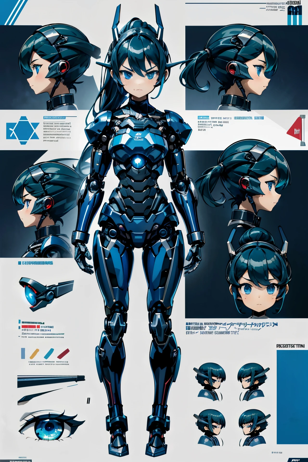 (((masterpiece))), (((Best Quality))), (((high quality))), (((beautiful))), (((8K))), (((highres))), (((absurdres))), (((exquisite))), (((Ultra high definition))), (((High resolution))) robot, (toddler:1.4), (Highly detailed and extremely complex mechanics:1.3), (extra large head:1.5), (darkblue hair), (Super long dark blue sideburns), (dark blue long ponytail), (Very small blue eyes:1.4), (Super drooping eyes:1.4), (Highly detailed eye depiction), (overweight), (super short legs), (Streamlined body with navy blue tone), navy blue pilot suit, navy blue tight-fitting clothes, navy blue shoulder cover clothes, navy blue shiny clothes, navy blue tight fit pants, Navy thigh cover pants, (Machine body:1.4), (Mechanical joints:1.4), (An extremely complex machine visible through its joints:1.4), mecha musume, Mechanical parts, Robot joints, Headgear, (Variety of facial expressions:1.4), (Reference Sheet:1.5), (Infographic:1.5)
