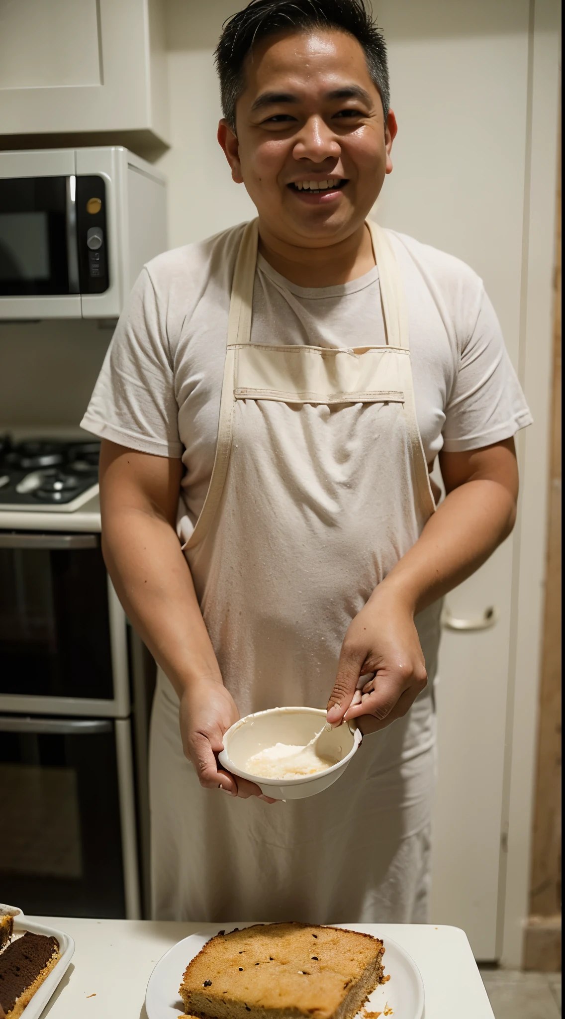 malay man in traditional Malay costume baking cake in pastel color dress, grey hair and beard, laughing, happy, messy kitchen, flour in face and body, wet flour in body and face, detailed skin texture, soft lighting, too many smudge flour in body and face, style raw, pastel color grading, Super 8mm lens, Deep Focus cinematography effect, anamorphic format photo, ultra realistic, 8k.
