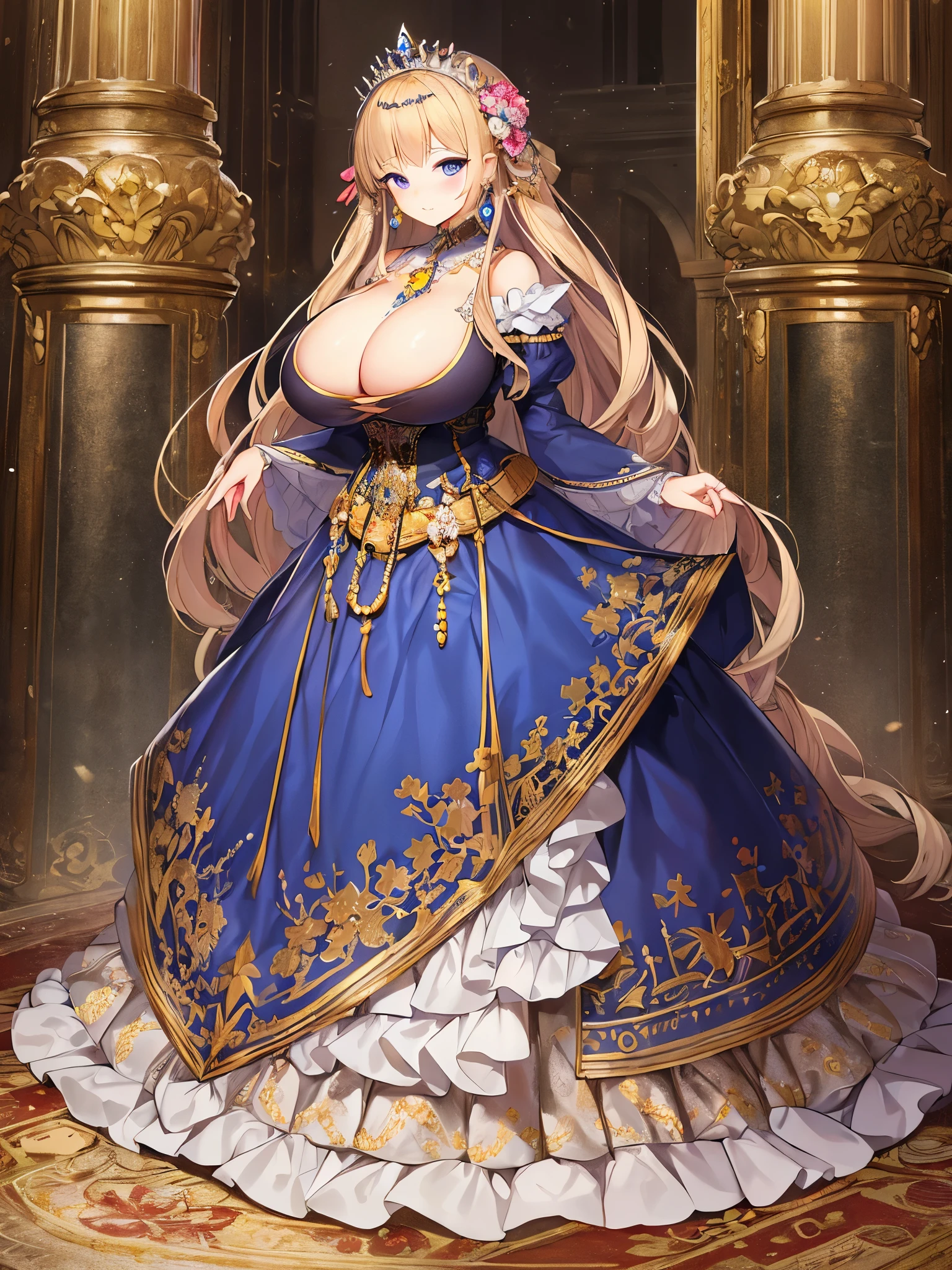 (anime artstyle),Masterpiece,Best Quality,Super Detail,Very Delicate and Beautiful,(((Solo))),((full body)),(((1 princess in gorgeous princess rococo ball gown with voluminous hoop skirt))),((crinoline)),Long train,(((gigantic boobs))),Skindentation,cleavage,((gorgeous rococo ballgown with beautiful embroidery and jeweled)),beautiful embroidery and jeweled gorgeous rococo ballgown with many ruffles,gorgeous rococo ballgown with big bows,gorgeous rococo ballgown with big bows,(gorgeousfull embroidery and lace),detailed face and eyes,jewel-like eyes,((extremely voluminous straight Hair,Very Long Straight Hair)),gorgeousfull hair ornament,(gorgeousfull jeweled tiara),Looking at viewer,((gorgeous princess rococo ball gown with voluminous hoop skirt)),full body,