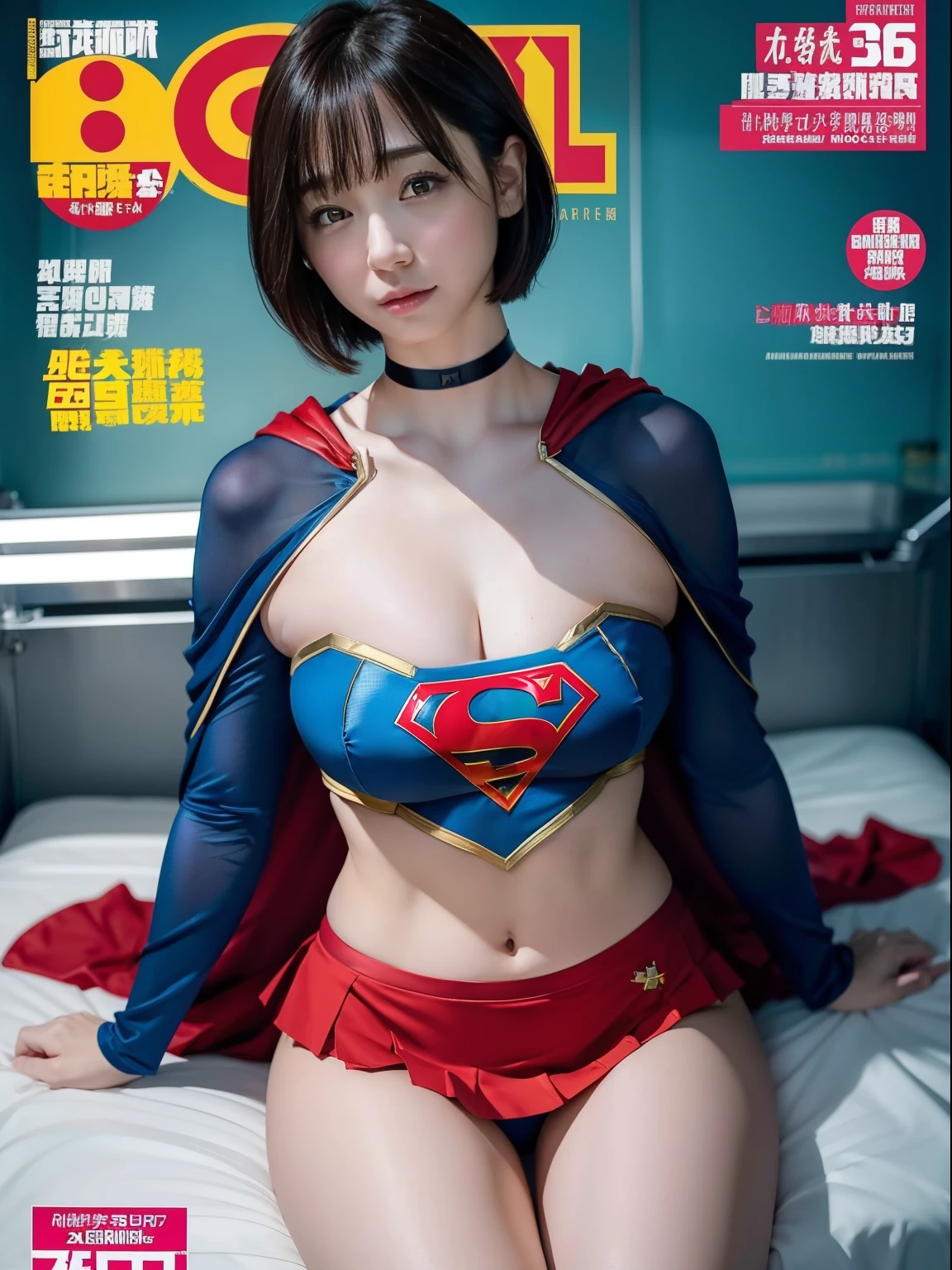 top-quality、​masterpiece,Short-haired Supergirl sleeping in the operating room、Plump breasts、Looking at the camera、a choker、bare-legged、MagazineCover、highleg、Short miniskirt、pleatedskirt、long-sleeve、Tight costumes、Puzzled、Large open legs、Obscene、Show a glimpse、Fluttering cloak