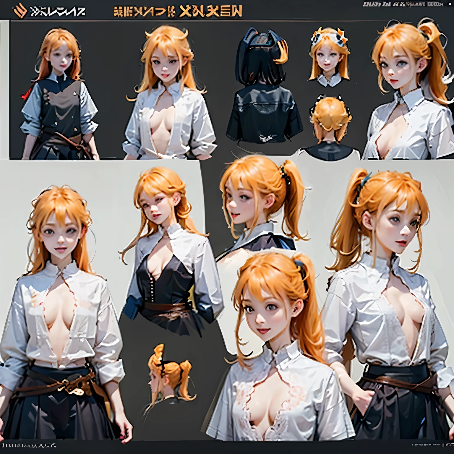 Character design sheet, pale skin ,breast out (muscular)) ponytail very long hair, small sport top, cleavage breast, They are smiling, look at viewer, Orange hair , multi angles, perspective..