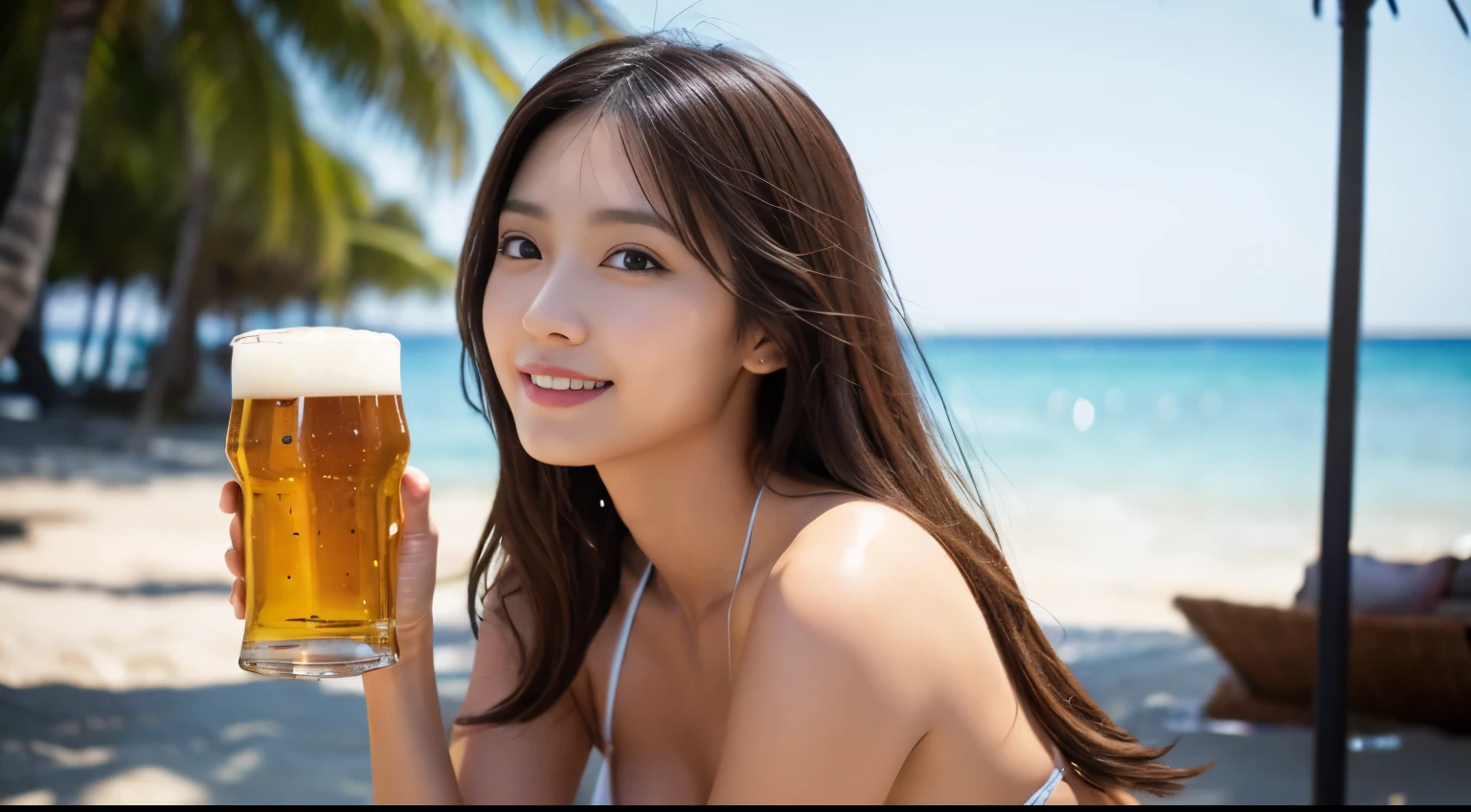 nsfw, 1girl, (solo), masterpiece, best quality, 8K, hight resolution, extremely detailed girl, extremely detailed beautiful face, Beautiful skin, shiny skin, perfect anatomy, (face focus:1.4), side view, smile, brown hair, long hair, ( shiny white micro bikini:1.3), large breasts, cleavage, tan skin, dark skin, gleaming skin, wet, (beer mug), (beer in one hand), beach, sitting, outdoors, Sharp Focus, face lights, depth of field,