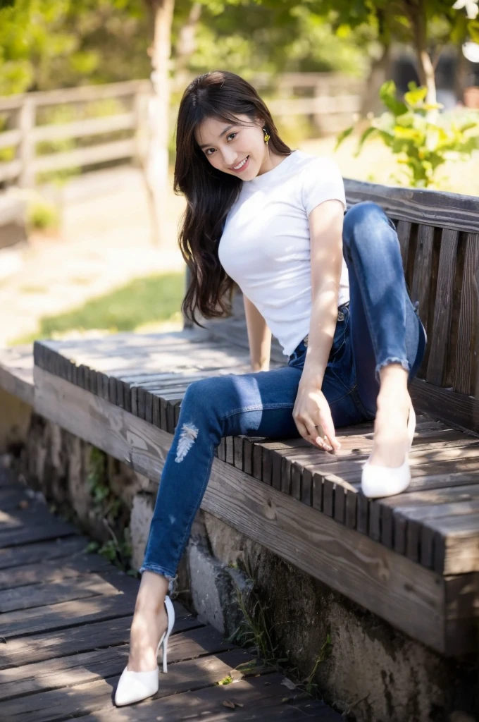 (8k、foto cruda、of the highest quality、Obra maestra:1.2)、(realista、Photoreal)、1 chica、(Puedo ver tus pies、cola de caballo、pechos grandes、visto desde el frente、Stand with your legs apart、eyelashes、Shine on your eyelids、Skeletally correct、Yemas de los dedos bellamente alineadas、sonrisa、De pie con las manos en las caderas、brasier