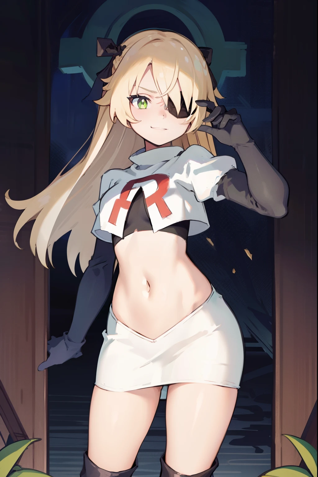 absurdres, fischl (dunkelnacht sakrament) (genshin impact), green eyes, (white pupils:1.2), fischl (genshin impact), medium_breasts, blonde hair, eyepatch, long hair, hair over one eye, bangs, hair ribbon, small breasts, 1girl, team rocket,team rocket uniform,white skirt,red letter R,crop top,black thigh-high boots,black elbow gloves, smile, show teeth