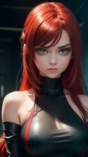 ((master piece)), ((best quality)), ((cyberpunk lighting)), Close up of a girl, (white skin of European people, big eyes, round eyes, (emerald green eyes),((( light red hair))), long curly hair, showing the bust, (apparent neckline), perfect skin, perfect face, (sarcastic smile), irony, (bare neck), (bare shoulders) vengeful expression.). She is known as Vendettendetta is her name), genetically created to be a secret agent, decided to rebel, and lives to hunt her creators.